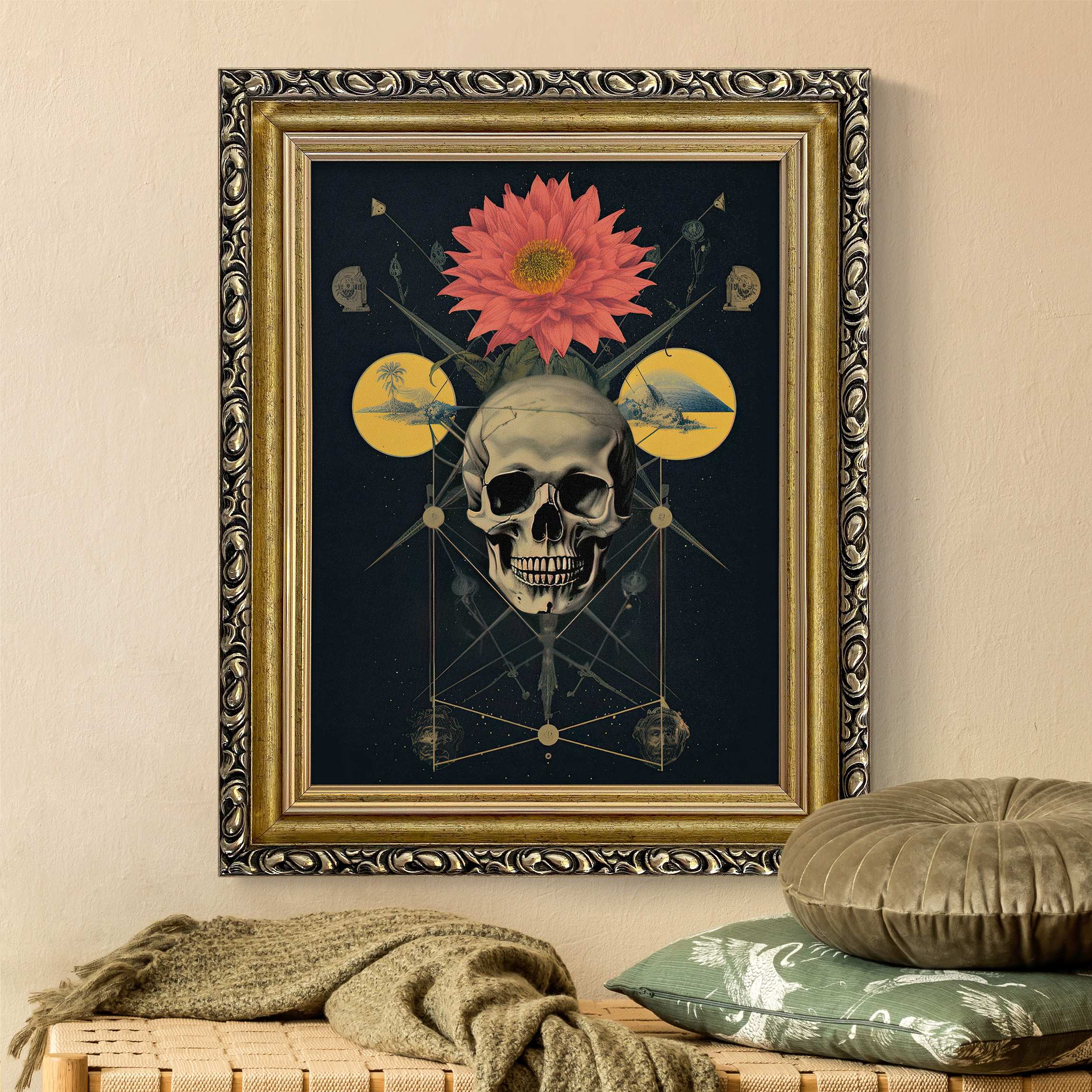 Gerahmtes Leinwandbild Alchemie Totenkopf mit Blume günstig online kaufen