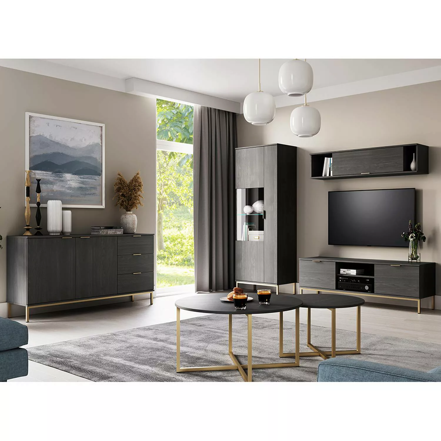 Anbauwand mit Sideboard und Couchtischen PERIA-132, LED Glasbodenbeleuchtun günstig online kaufen