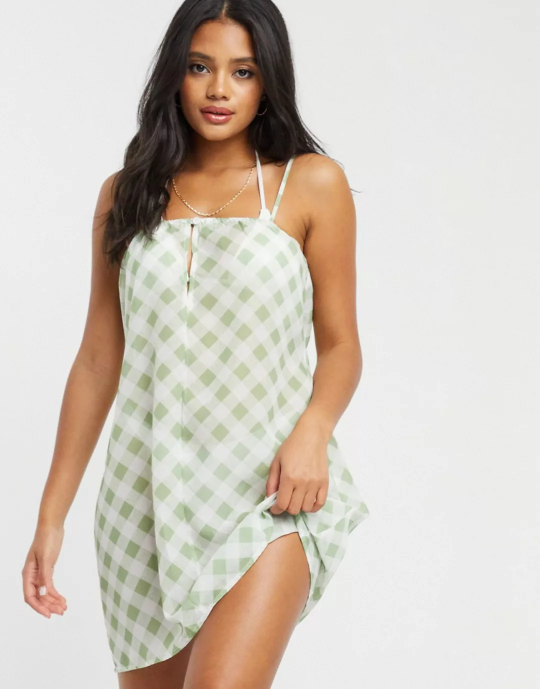 Missguided – Karierter Strand-Kimono aus Netzstoff-Mehrfarbig günstig online kaufen