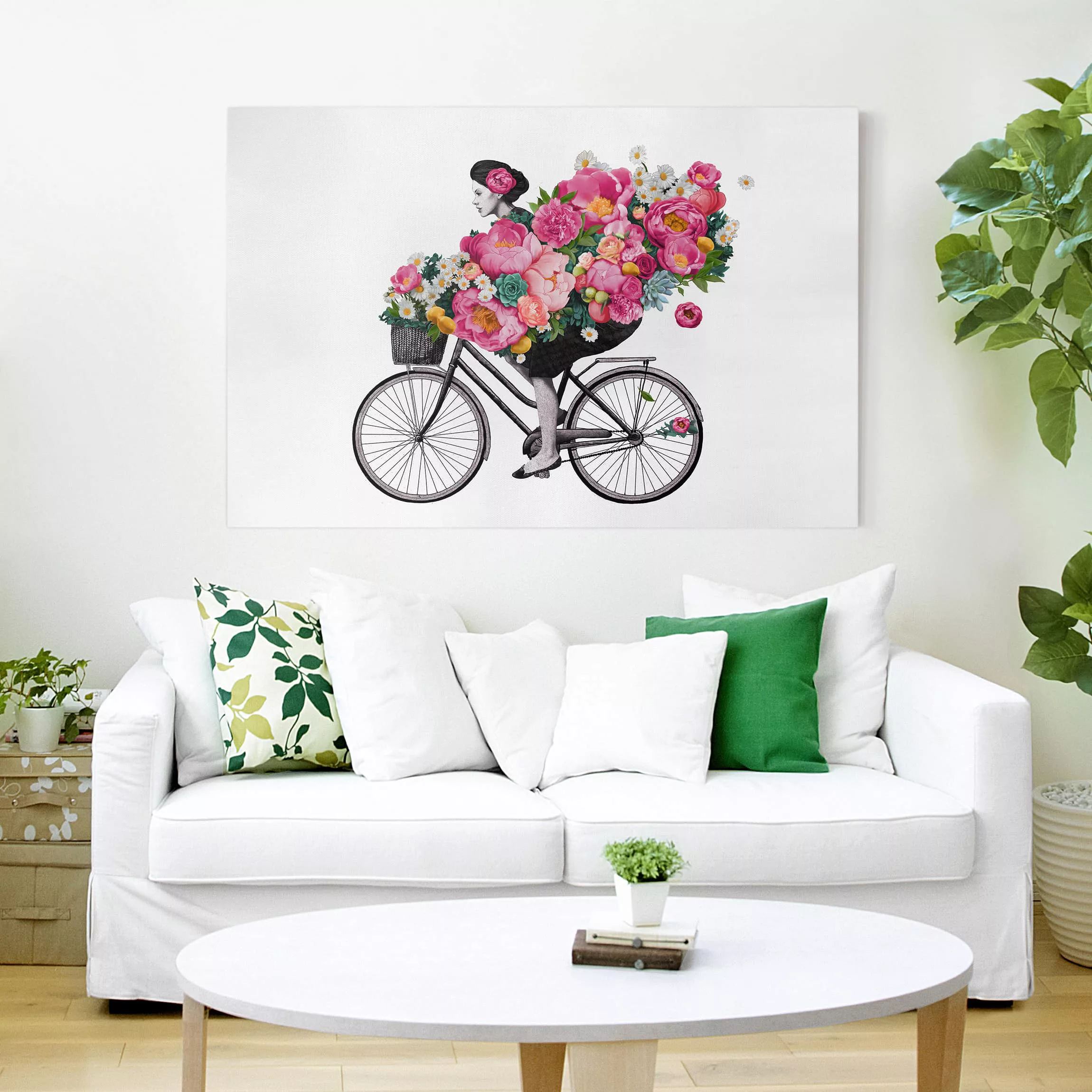 Leinwandbild Blumen - Querformat Illustration Frau auf Fahrrad Collage bunt günstig online kaufen