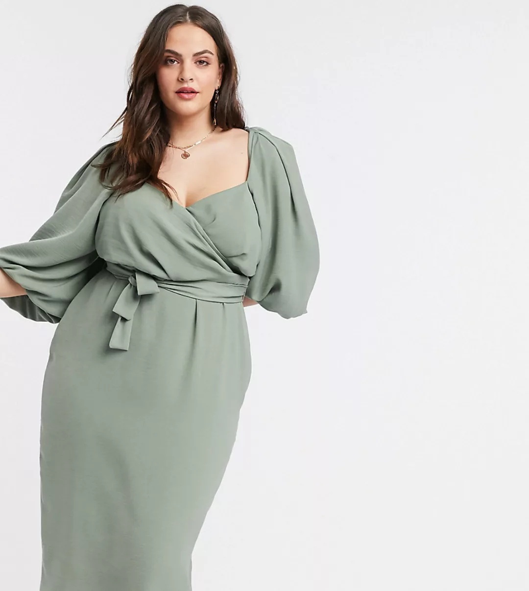 ASOS DESIGN Curve – Midi-Wickelkleid mit Puffärmeln in Khaki-Grün günstig online kaufen