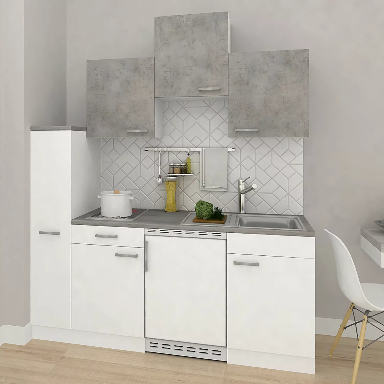 Respekta Küchenzeile KB180WWBG 180 cm Weiß-Beton Optik günstig online kaufen