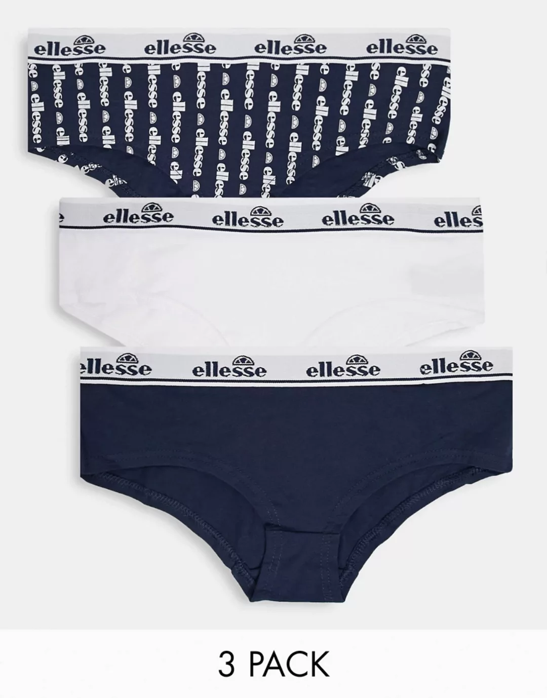 ellesse – Freche Slips mit Logo in Marineblau und Weiß im 3er-Pack günstig online kaufen