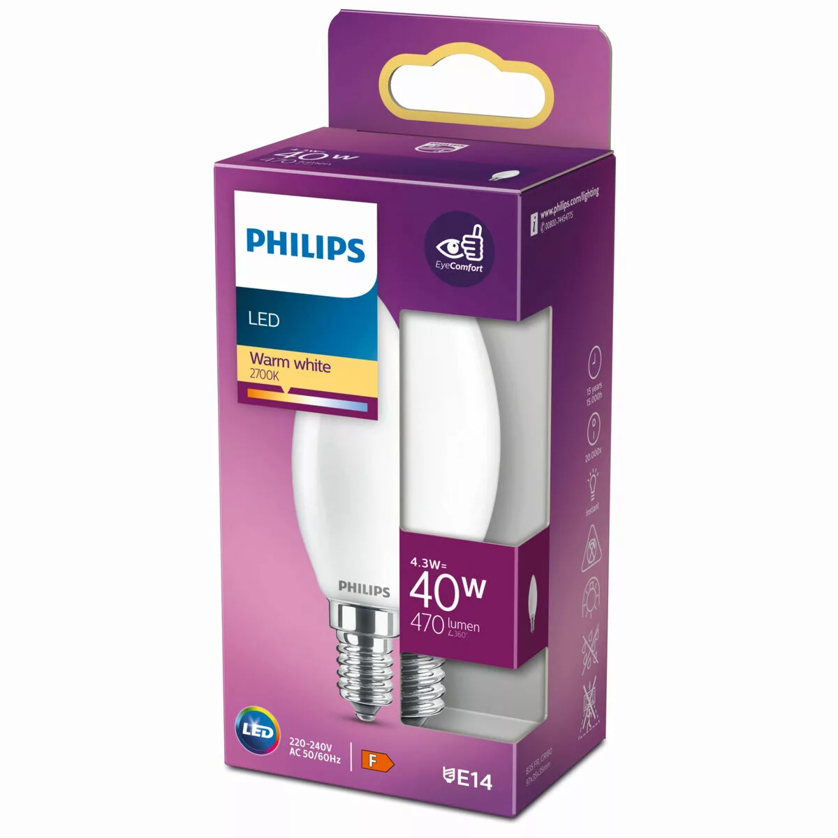 Philips LED-Leuchtmittel E14 Kerzenform 4,3 W 470 lm 9,7 x 3,5 cm (H x Ø) günstig online kaufen