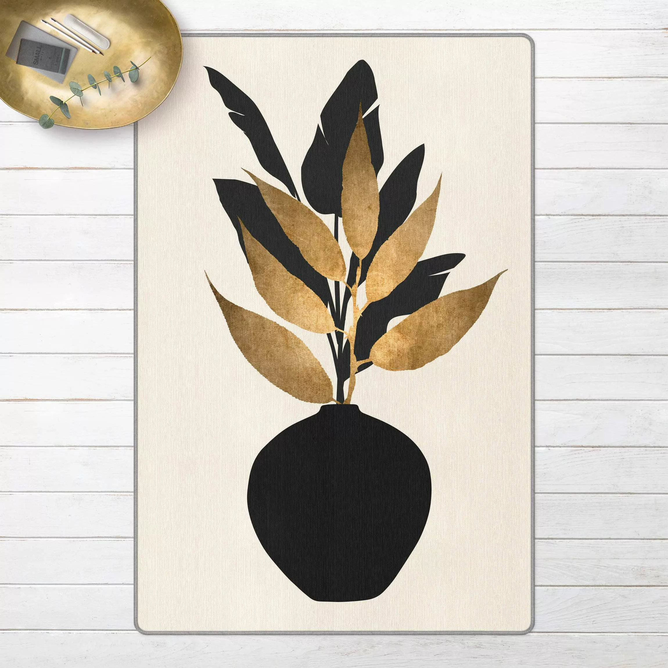 Teppich Grafische Pflanzenwelt - Gold und Schwarz günstig online kaufen