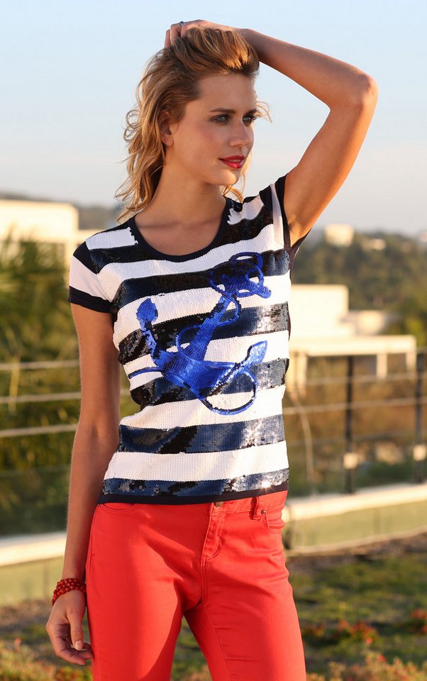 Passioni T-Shirt mit Paillettenfront und Anker- und Streifenmotiv günstig online kaufen