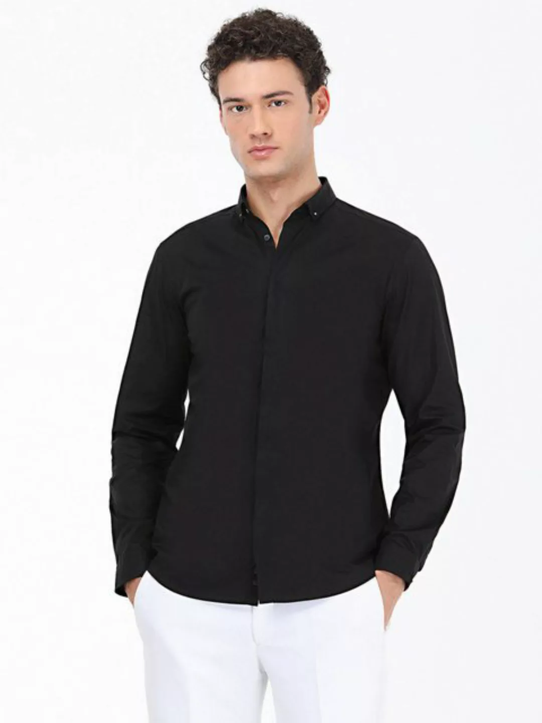 KİP Langarmhemd Schwarzes Gerades Slim Fit Weben Klassisches %100 Baumwollh günstig online kaufen