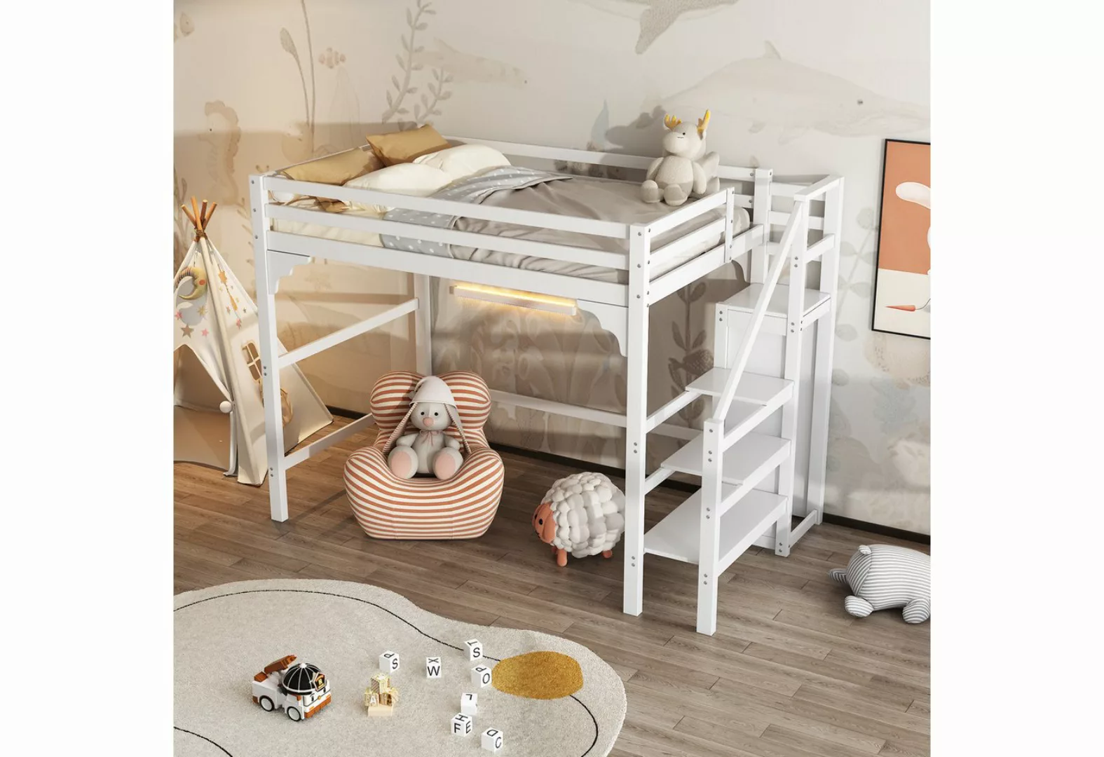 MODFU Hochbett Kinderbett, mit Lattenrost, mit Stufentreppe, mit Kleidersch günstig online kaufen