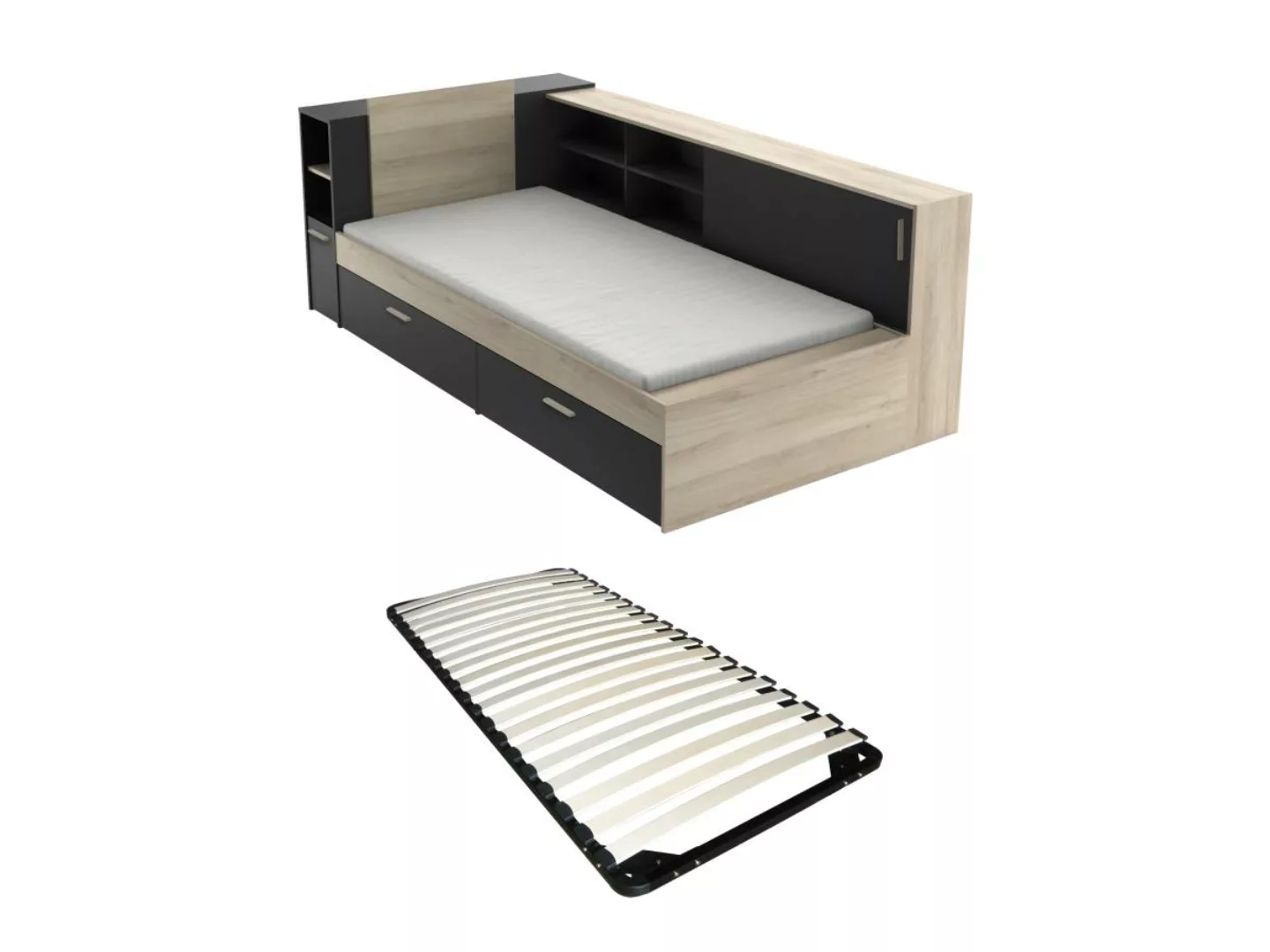 Bett mit Stauraum + Lattenrost - 90 x 200 cm - Schwarz & Holzfarben - LIARA günstig online kaufen
