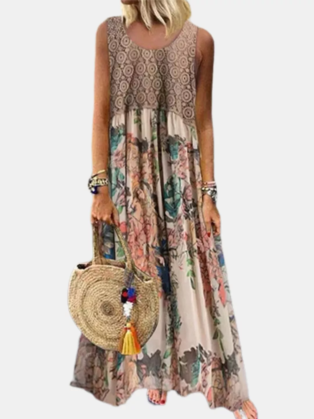 Vintage Blumendruck ärmelloser O-Ausschnitt Maxi Kleid günstig online kaufen