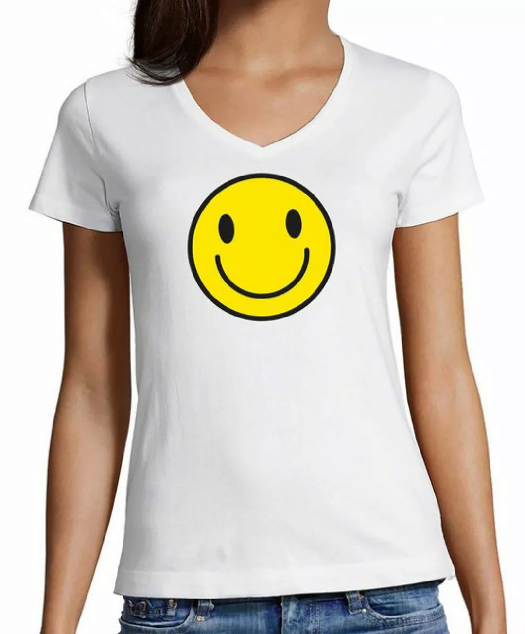 MyDesign24 T-Shirt Damen Smiley Print Shirt - Lächelnder Smiley V-Ausschnit günstig online kaufen