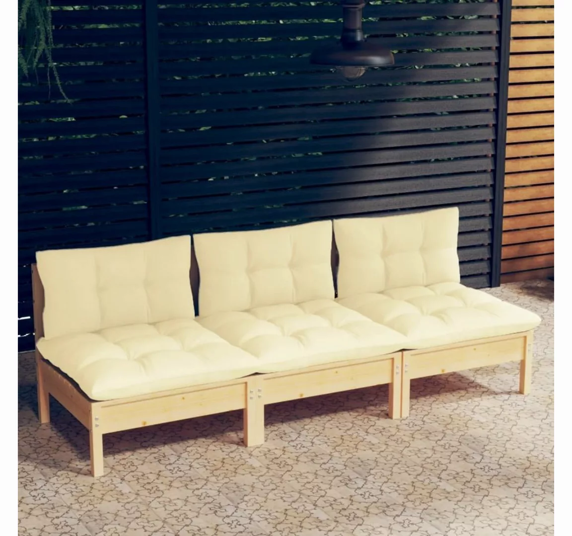 vidaXL Loungesofa 3-Sitzer-Gartensofa mit Creme Kissen Massivholz Kiefer, 1 günstig online kaufen