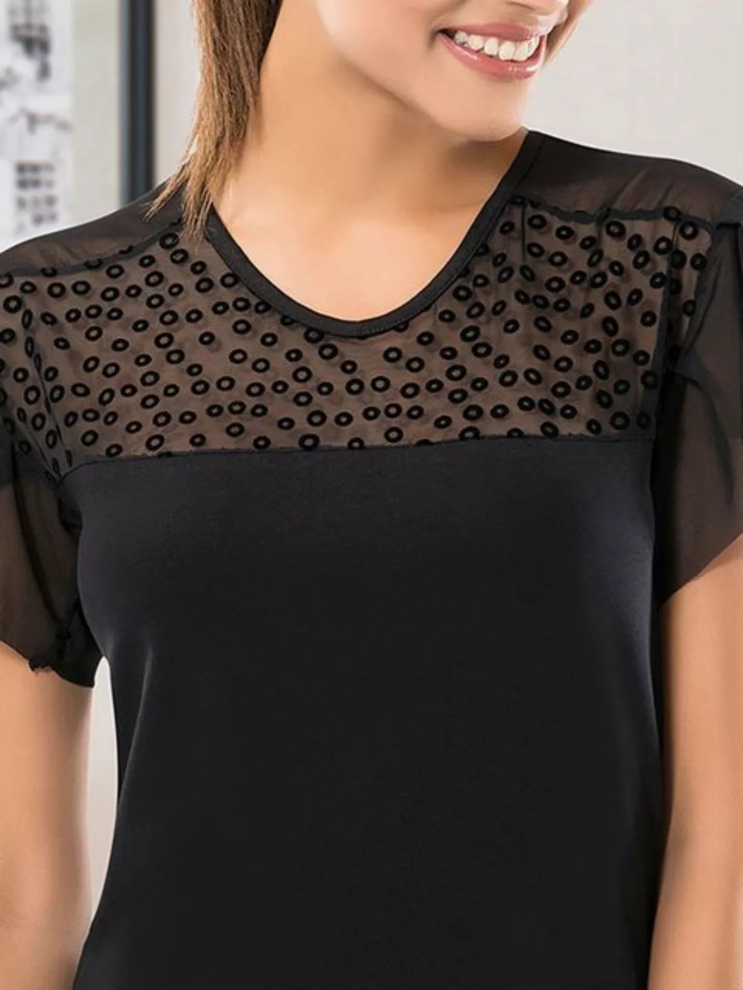 Derya Kursun T-Shirt Kurzarmshirt Transparent Dekollete Ausschnitt Bluse Sc günstig online kaufen