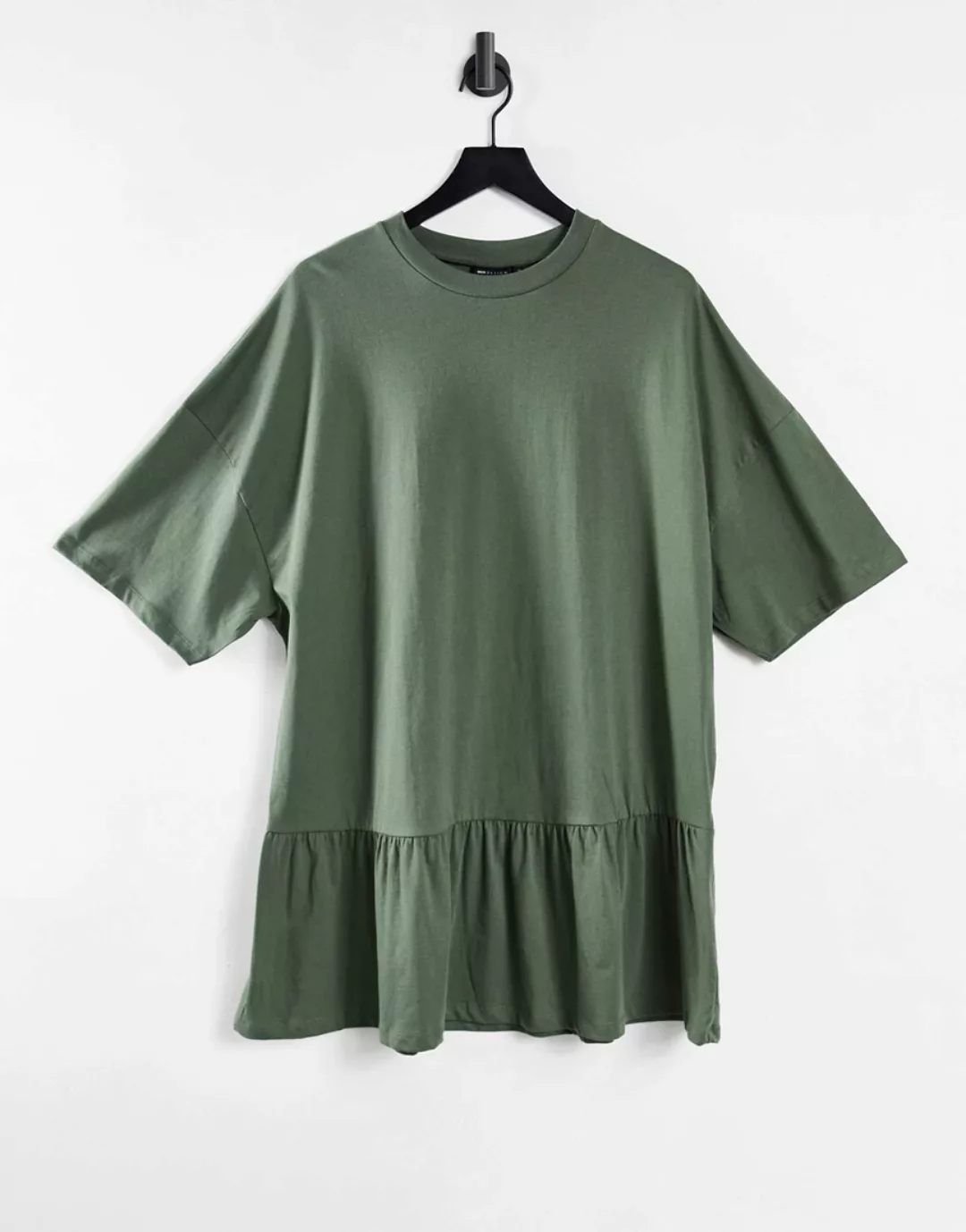 ASOS DESIGN – Oversized T-Shirt-Kleid in Khaki mit Rüschensaum-Grün günstig online kaufen