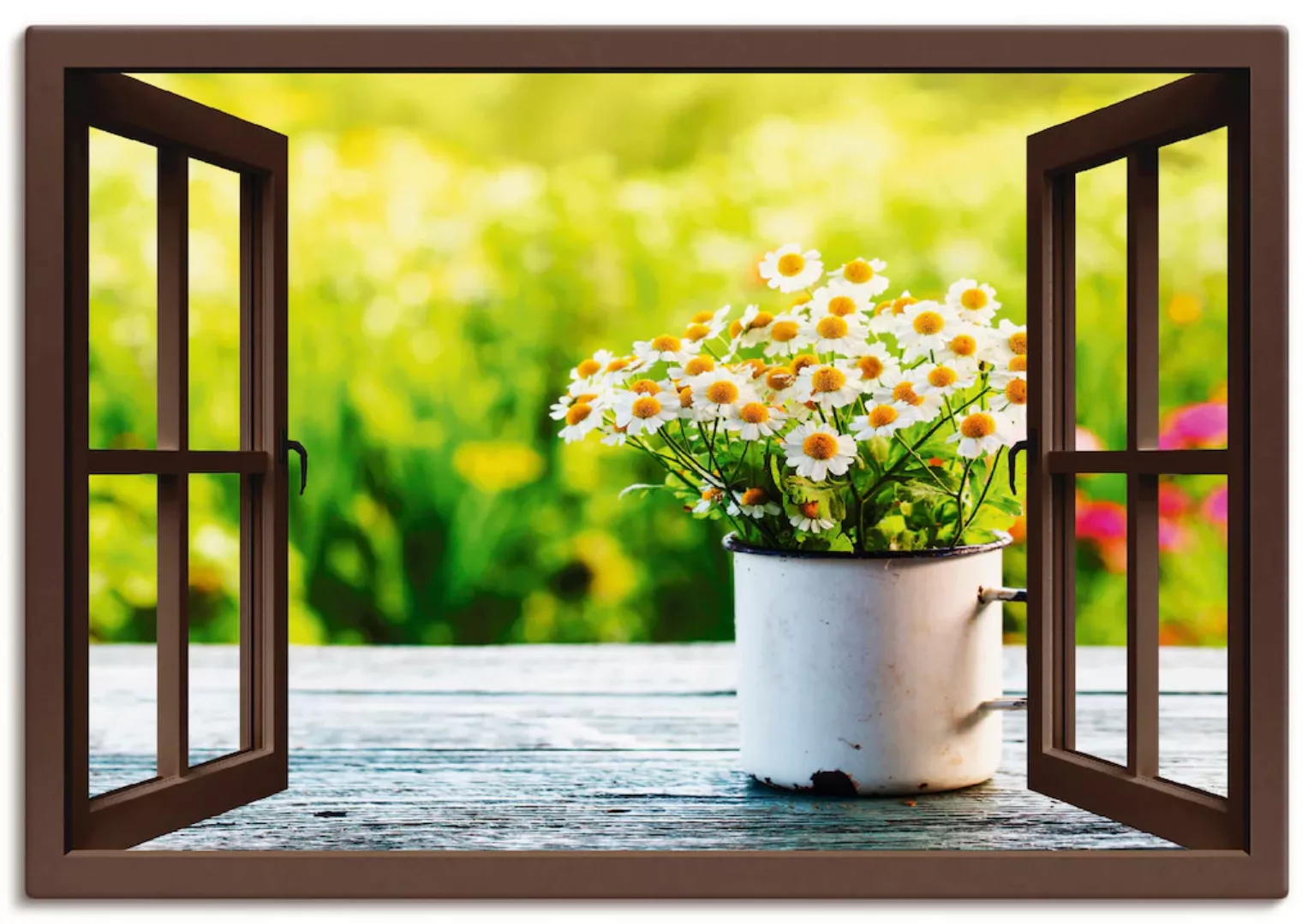 Artland Wandbild "Fensterblick Garten mit Gänseblümchen", Blumen, (1 St.), günstig online kaufen