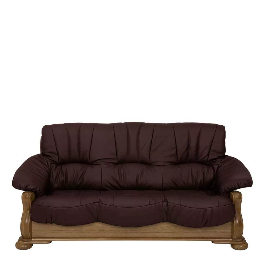 Sofa Eiche Leder Bordeaux im rustikalen Stil 205 cm breit günstig online kaufen