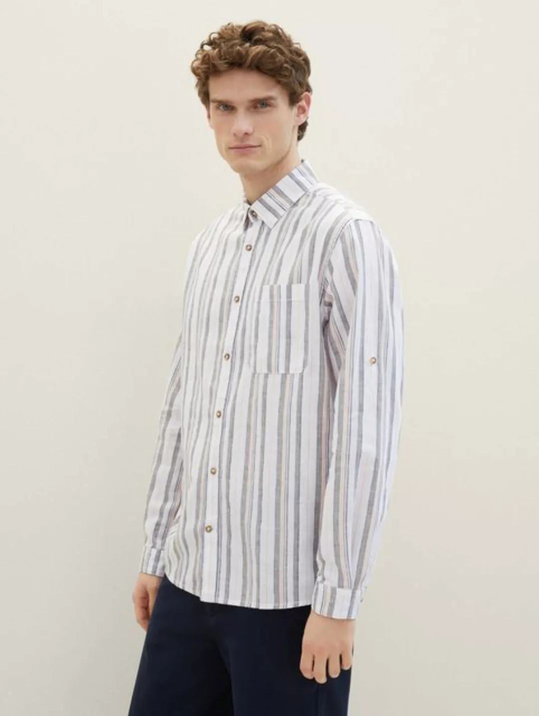 Tom Tailor Herren Langarm Hemd COMFORT COTTON LINEN - Relaxed Fit günstig online kaufen
