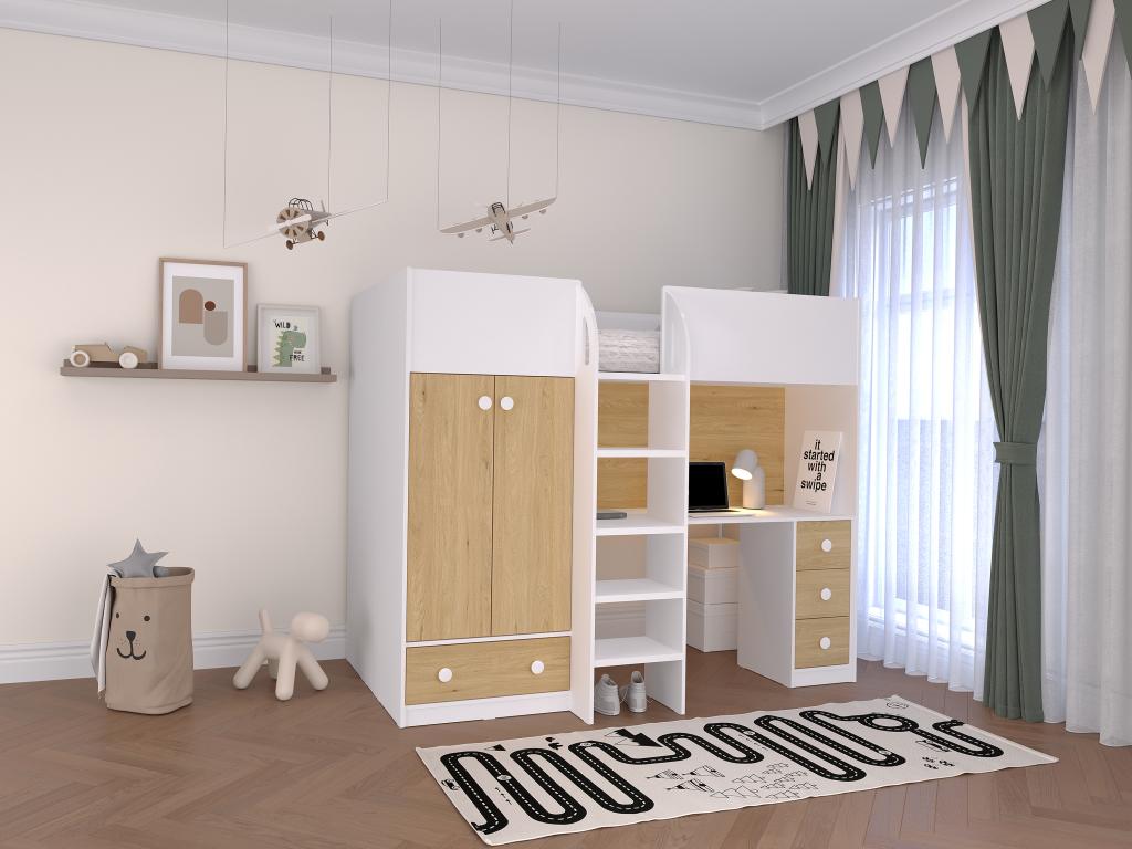 Hochbett mit Kleiderschrank & Schreibtisch - 90 x 190 cm - Weiß & Holzfarbe günstig online kaufen