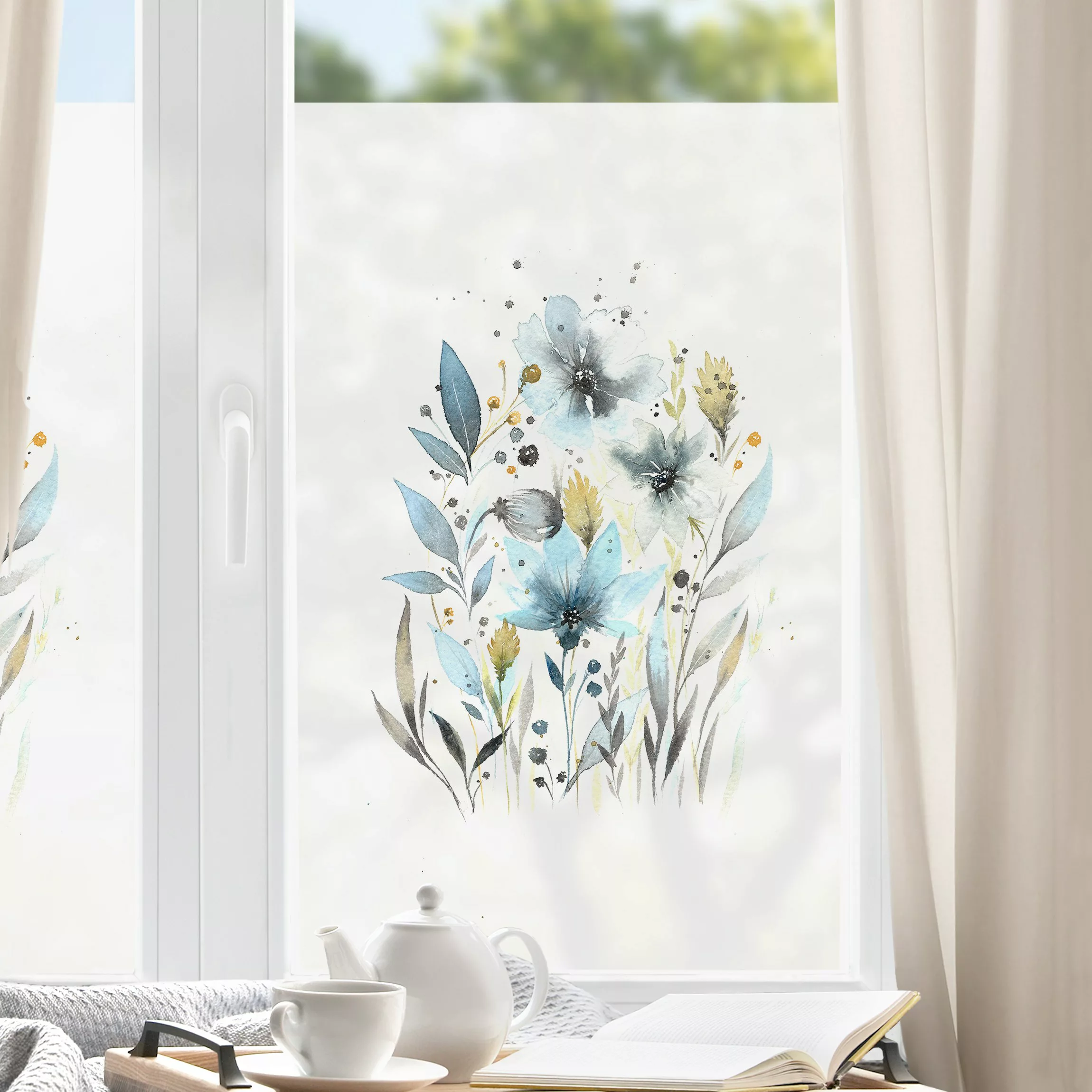 Fensterfolie Esther-Meinl - Türkise Aquarell Blumen günstig online kaufen