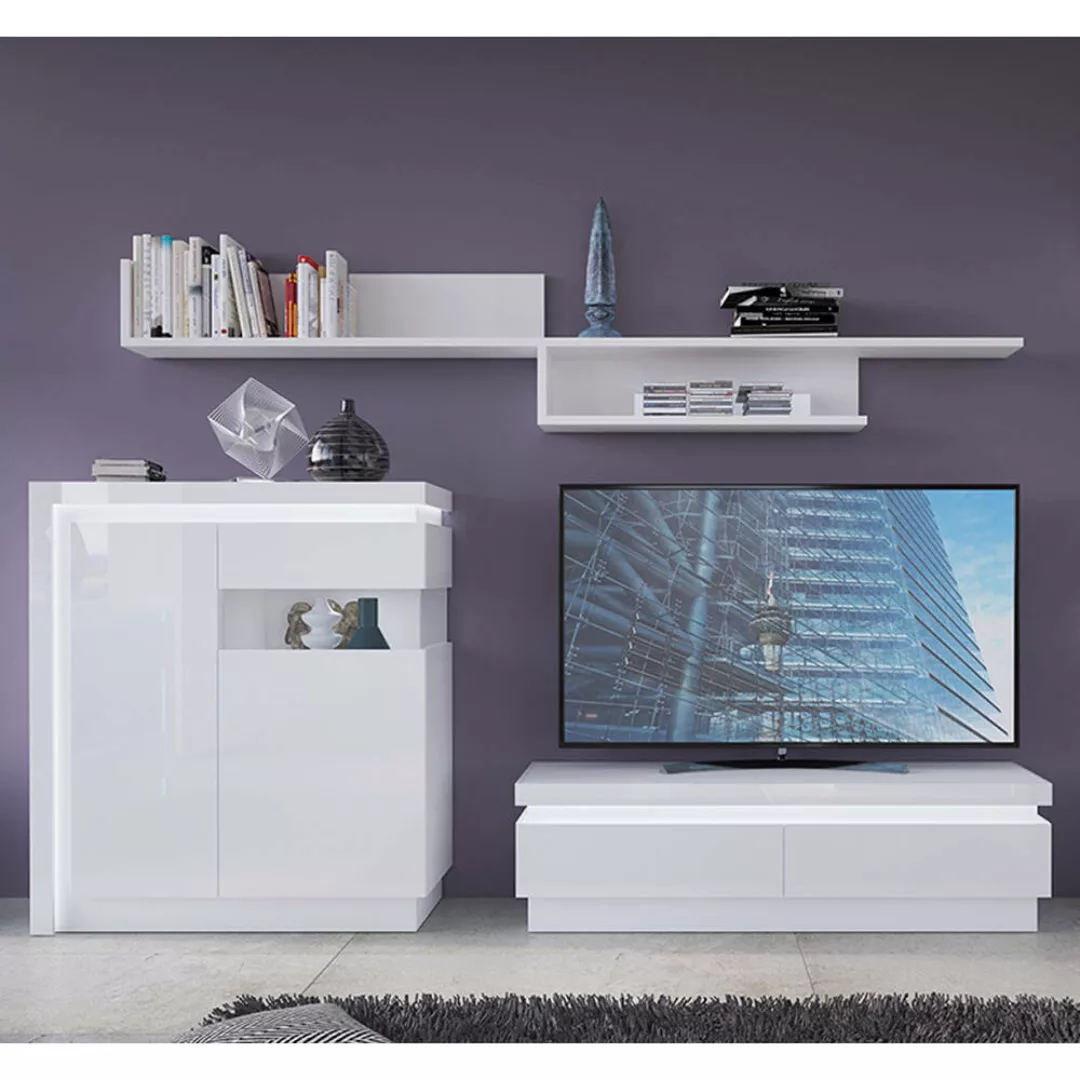Wohnzimmer Anbauwand Set mit Beleuchtung in weiß Hochglanz, 4-teilig, LYNDH günstig online kaufen