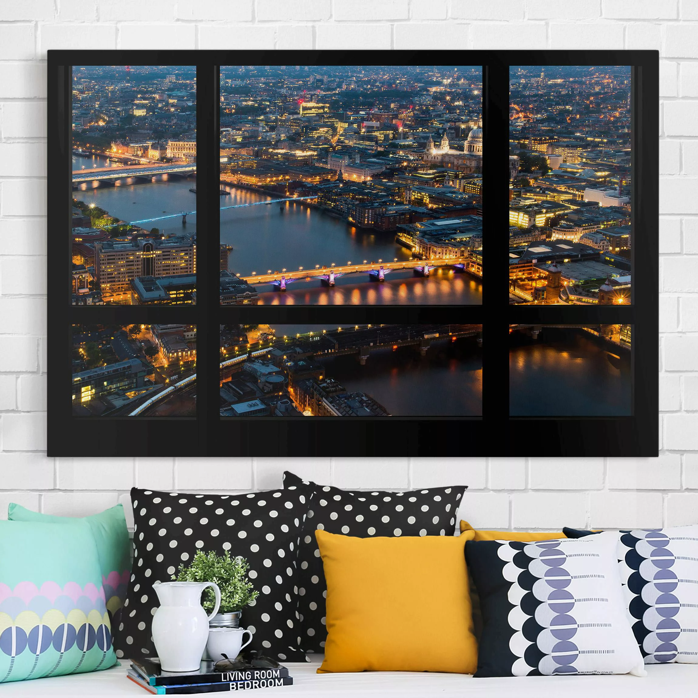 Leinwandbild London - Querformat Fensterblick auf Londons Skyline mit Brück günstig online kaufen