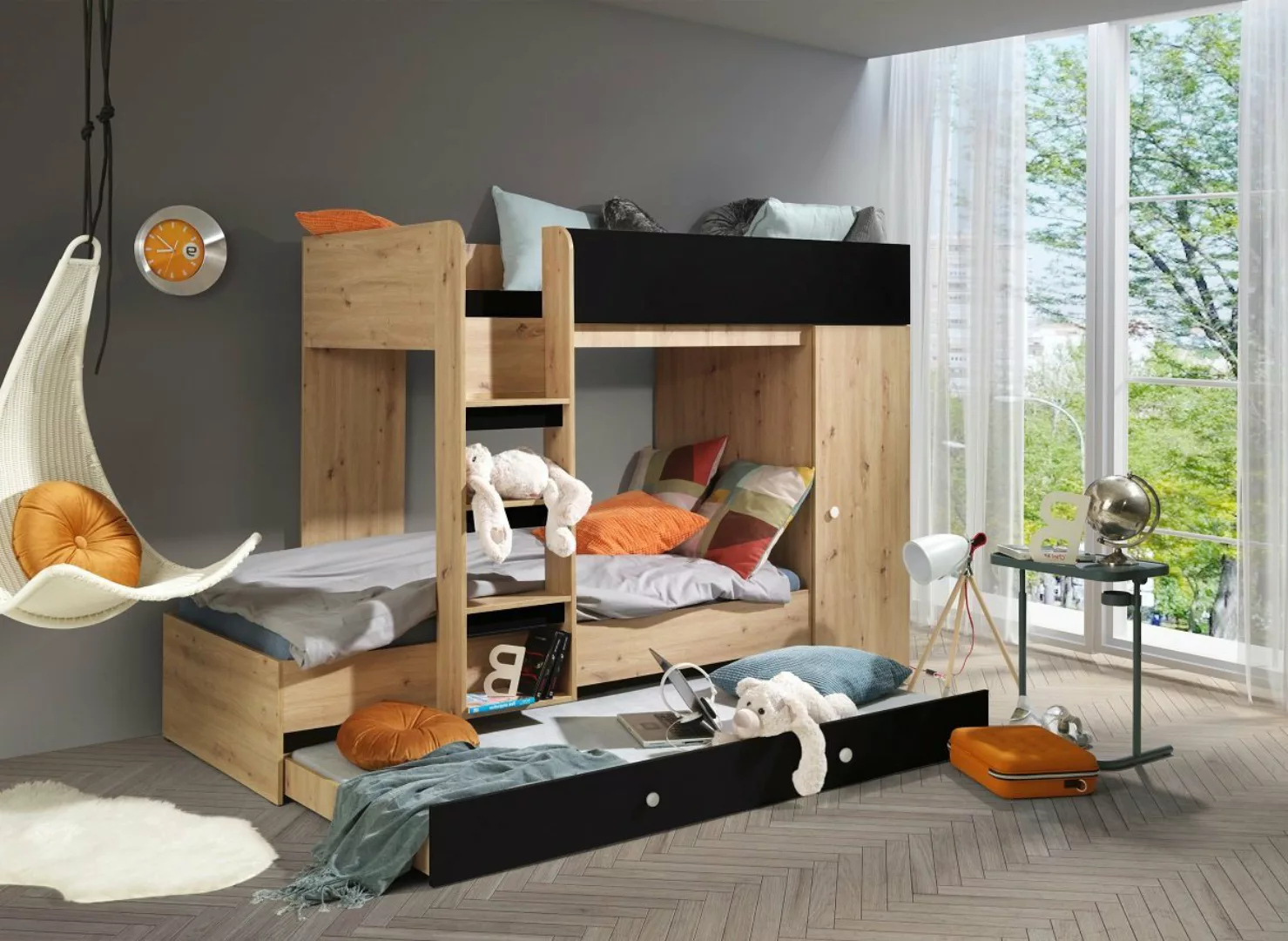 QMM TraumMöbel Hochbett Etagenbett "SAM 2" für 2-3 Kinder mit Schrank eiche günstig online kaufen