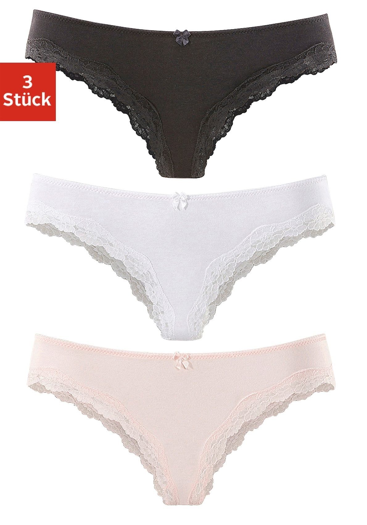 LASCANA Brasilslip, (3er-Pack), aus elastischer Baumwolle mit zarter Spitze günstig online kaufen