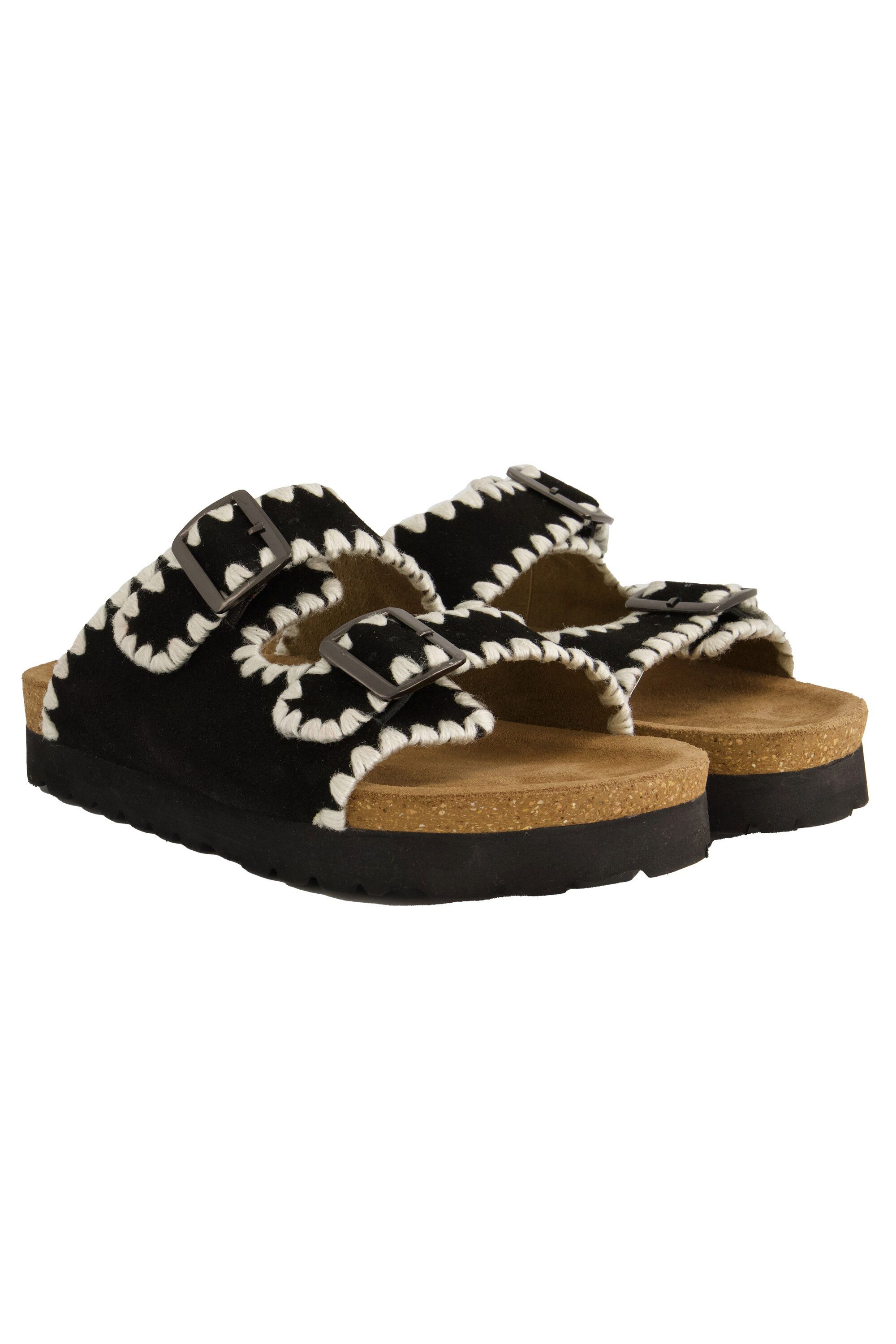 Studio Untold Leder-Pantolette Kantenstickerei Kork-Tieffußbett Sandalette günstig online kaufen