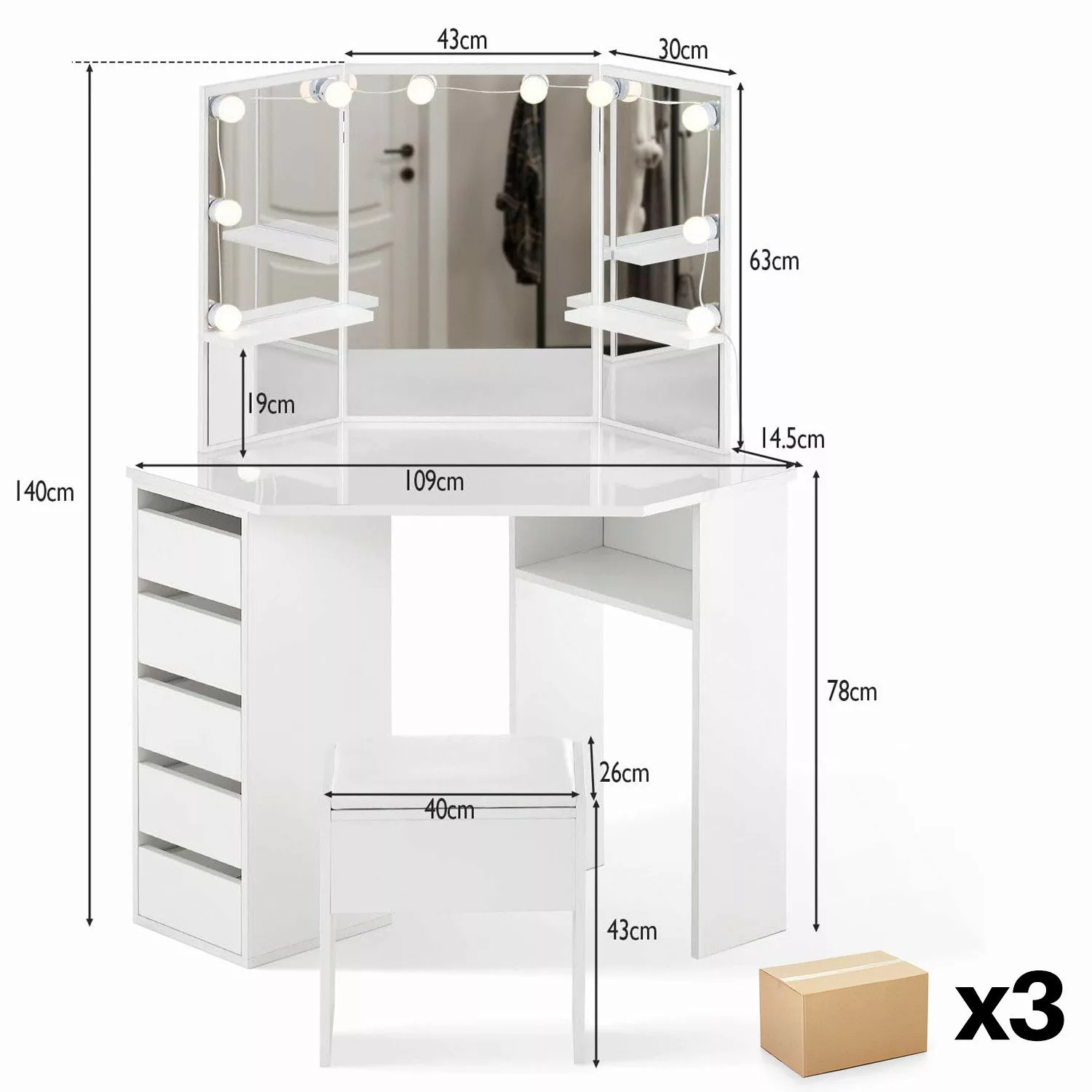 Ofcasa Schminktisch 114x55x140cm Eckschminktisch Inkl. LED günstig online kaufen