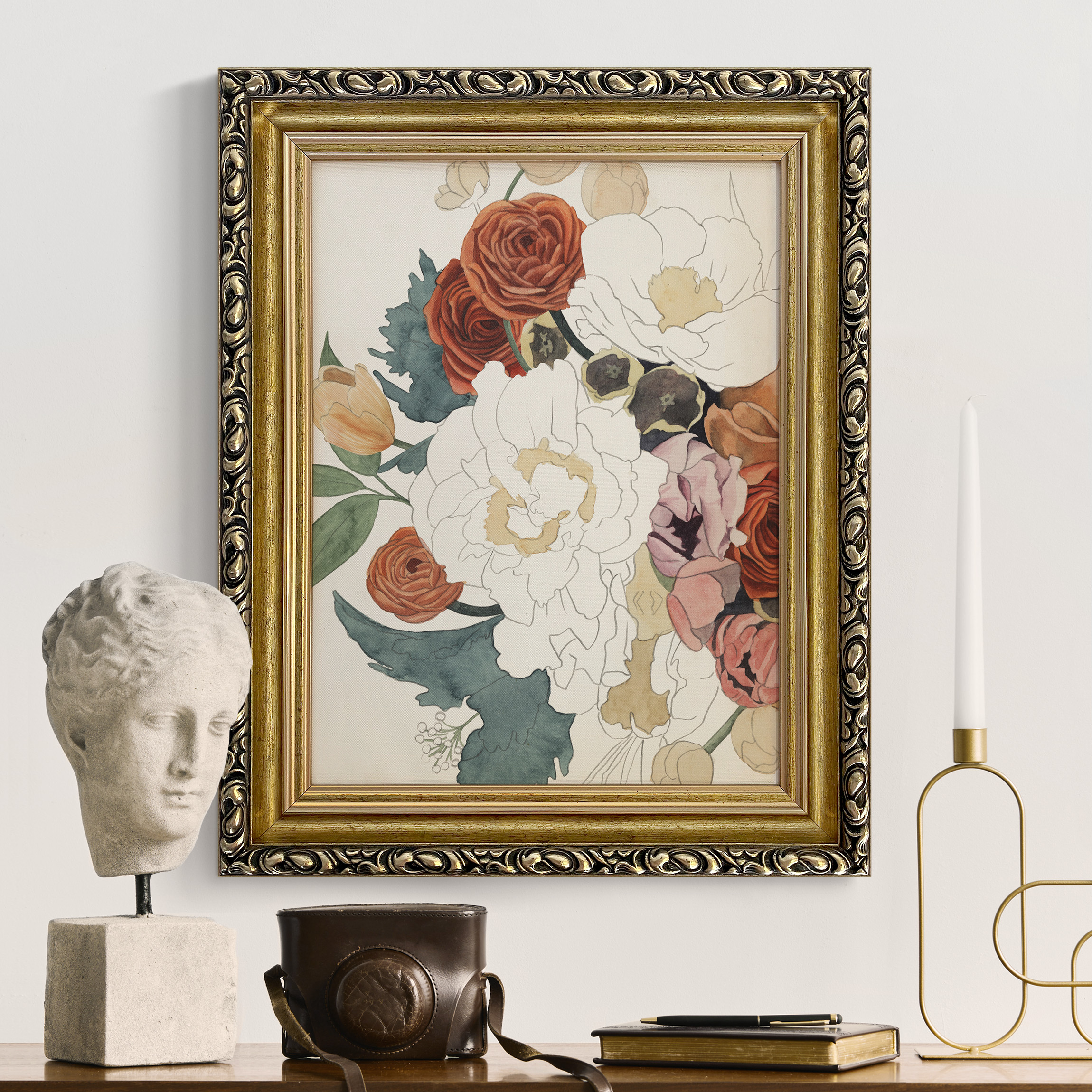 Gerahmtes Leinwandbild Zeichnung Blumenbouquet in Rot und Sepia günstig online kaufen