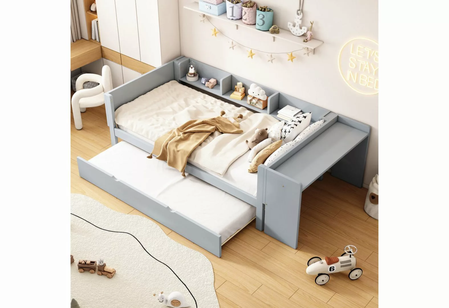 TavilaEcon Kinderbett Flachbett Holzbett aus Kiefer mit Schreibtisch für 2 günstig online kaufen