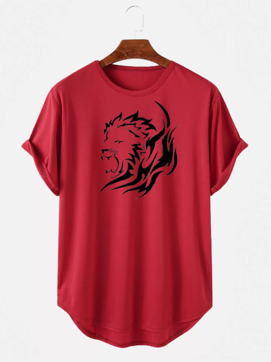 Herren Lion Print Round Neck Light Lässig Kurzarm High Low T-Shirts günstig online kaufen