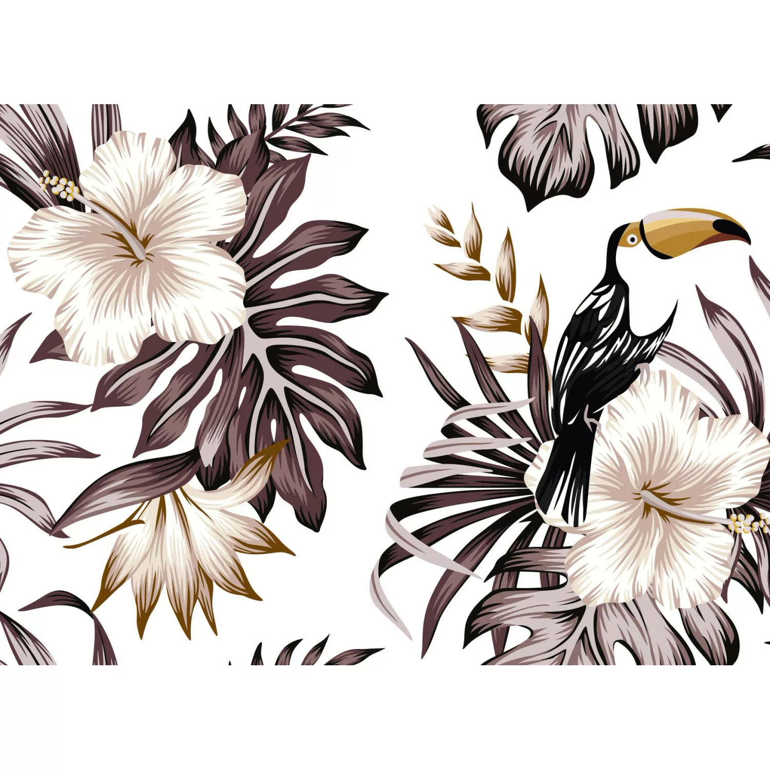 Fototapete Blumen Palmen Vögel Weiß Braun Weiß 3,50 m x 2,55 m FSC® günstig online kaufen