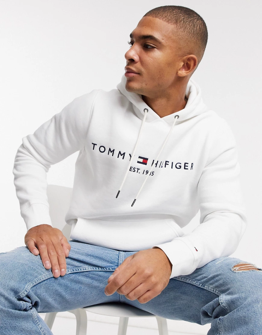 Tommy Hilfiger – Weißer Kapuzenpullover mit Flaggenlogo günstig online kaufen