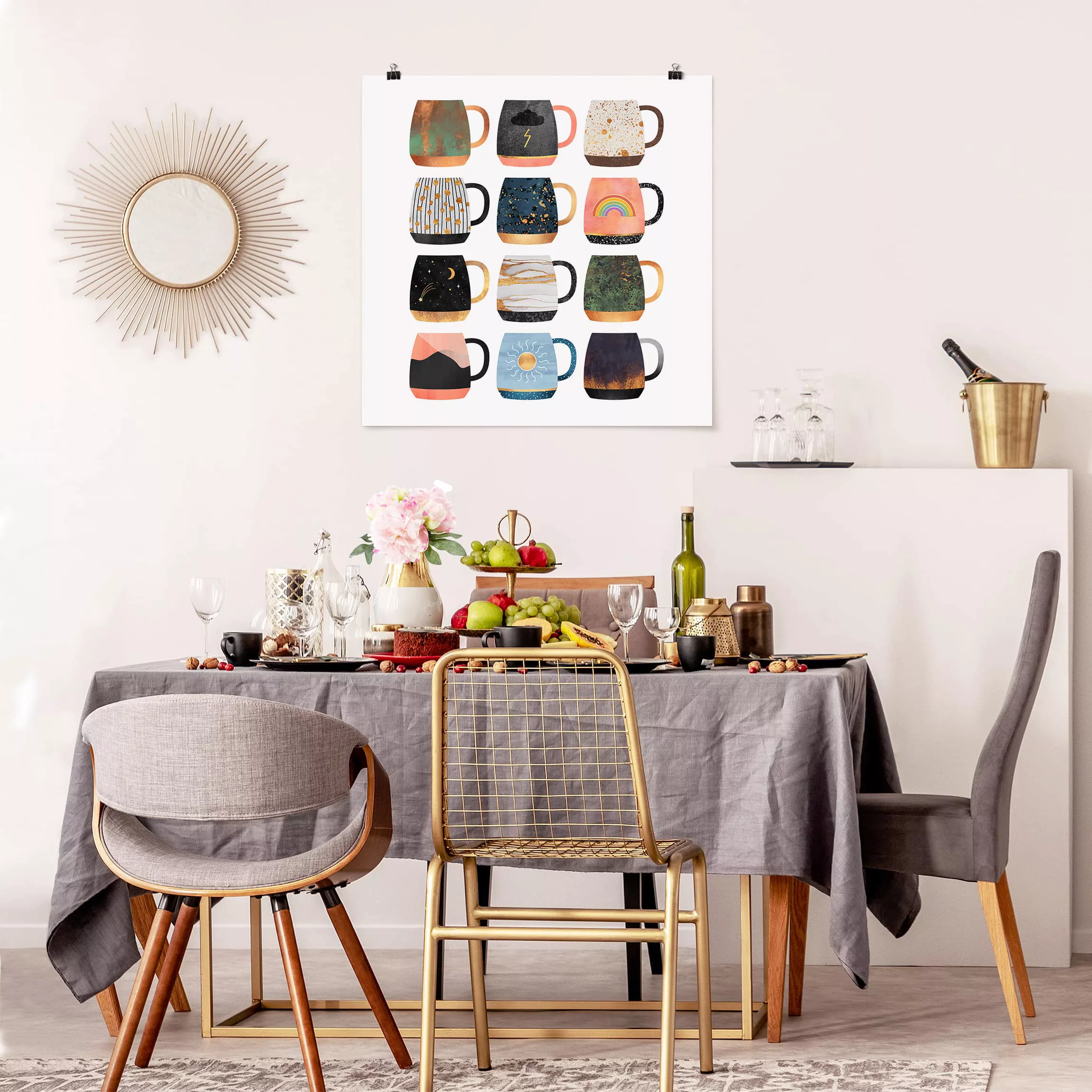 Poster Küche - Quadrat Lieblingstassen mit Gold günstig online kaufen