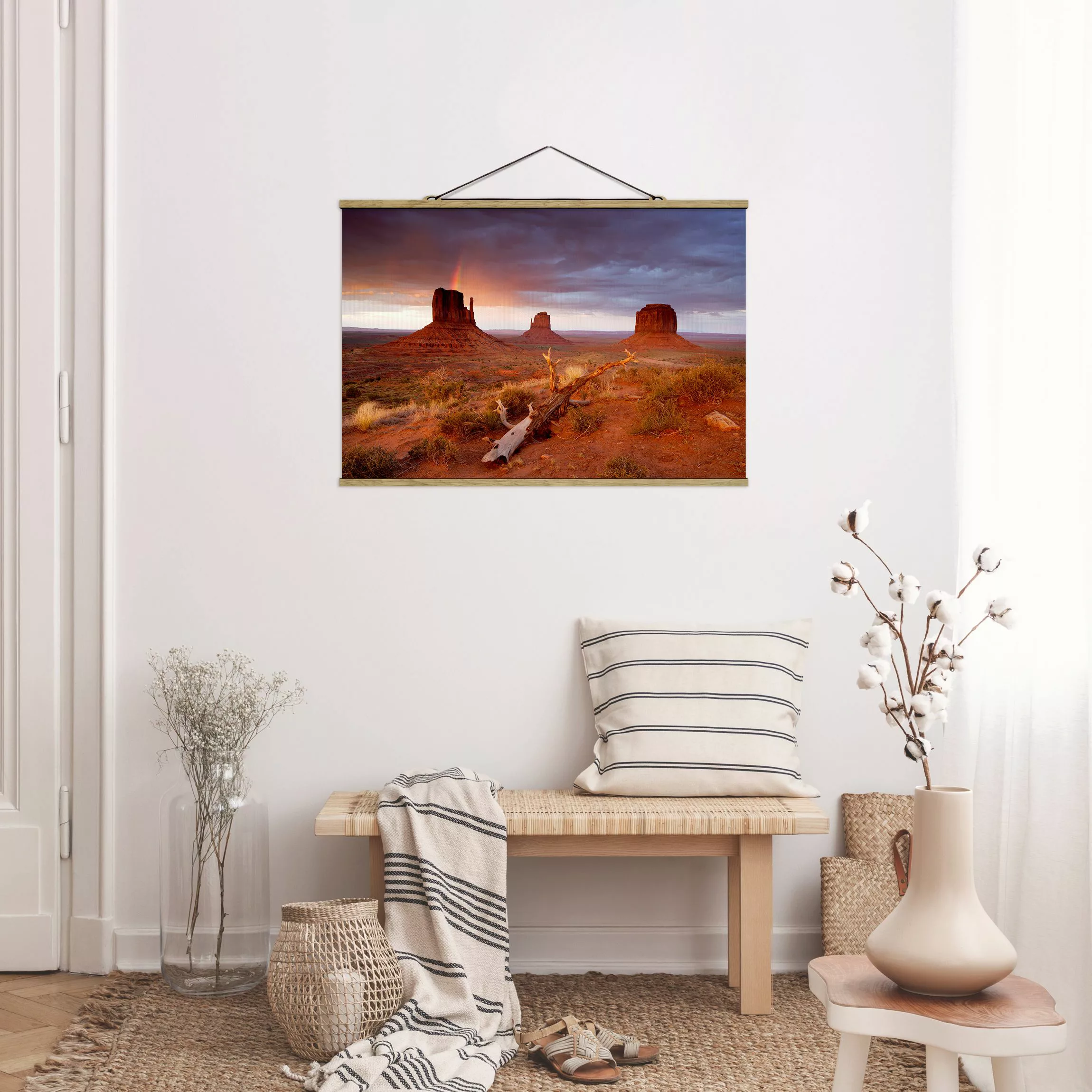 Stoffbild Berge mit Posterleisten - Querformat Monument Valley bei Sonnenun günstig online kaufen