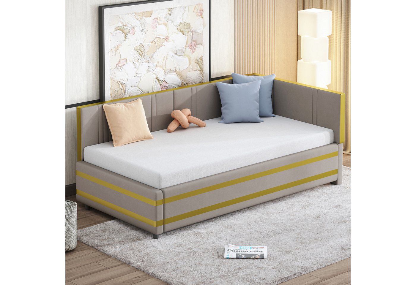 Flieks Daybett, Polsterbett Sofabett Kinderbett 90x200cm mit goldenes Strei günstig online kaufen