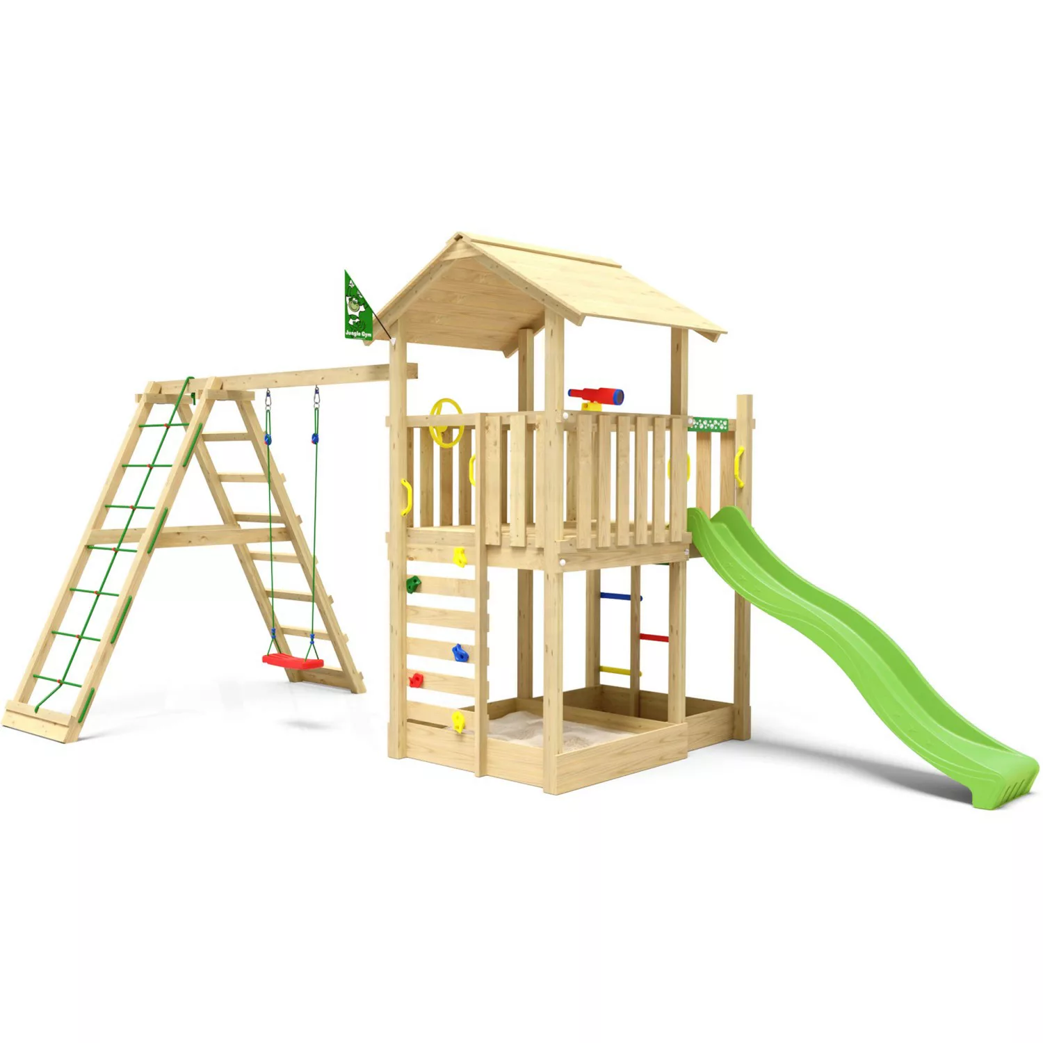 Jungle Gym Spielturm Chateau Holz m. Schaukel Kletterbock und Rutsche Hellg günstig online kaufen