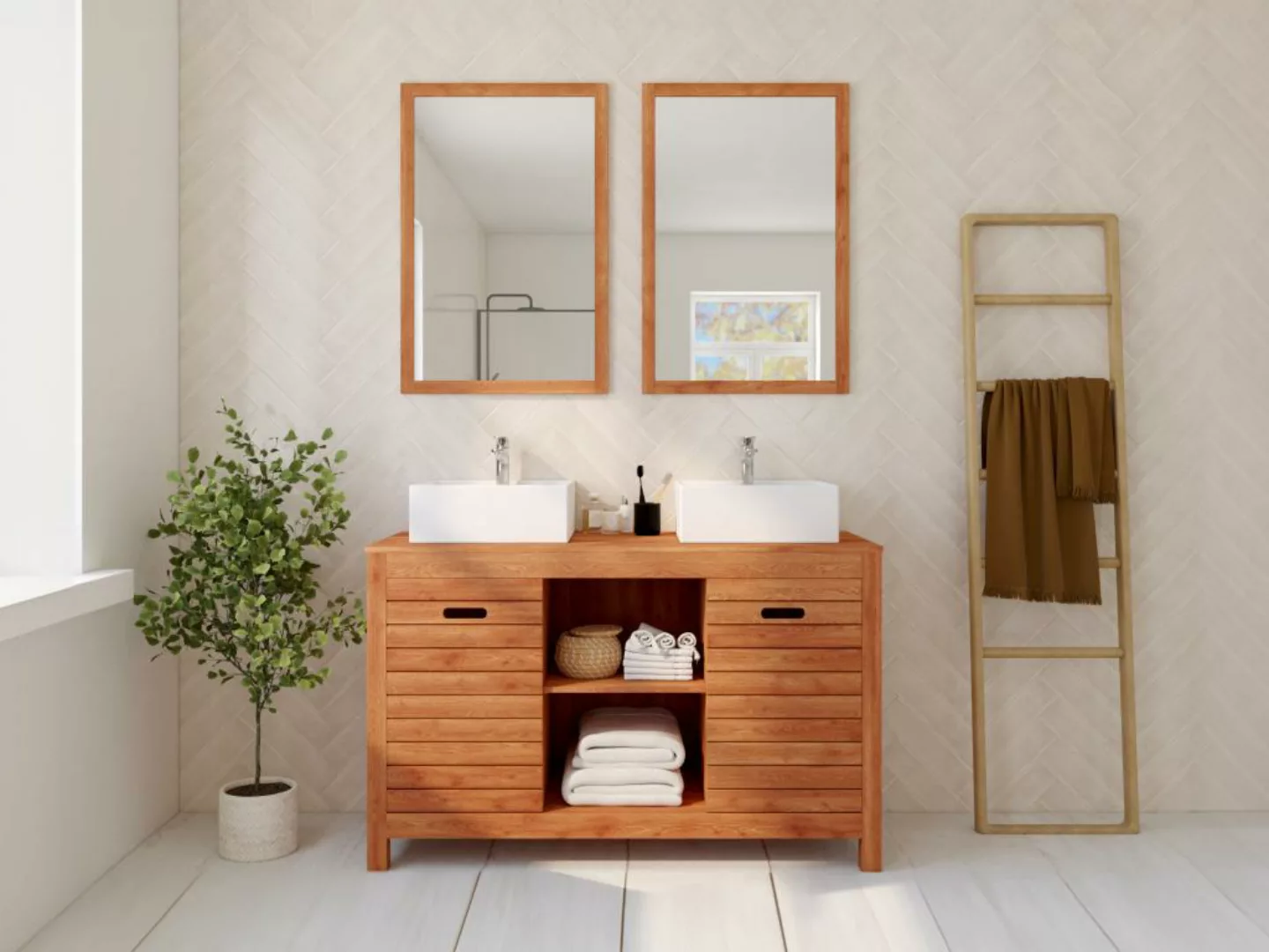 Waschbeckenunterschrank mit Doppelwaschbecken + 2 Spiegel - Akazienholz - 1 günstig online kaufen