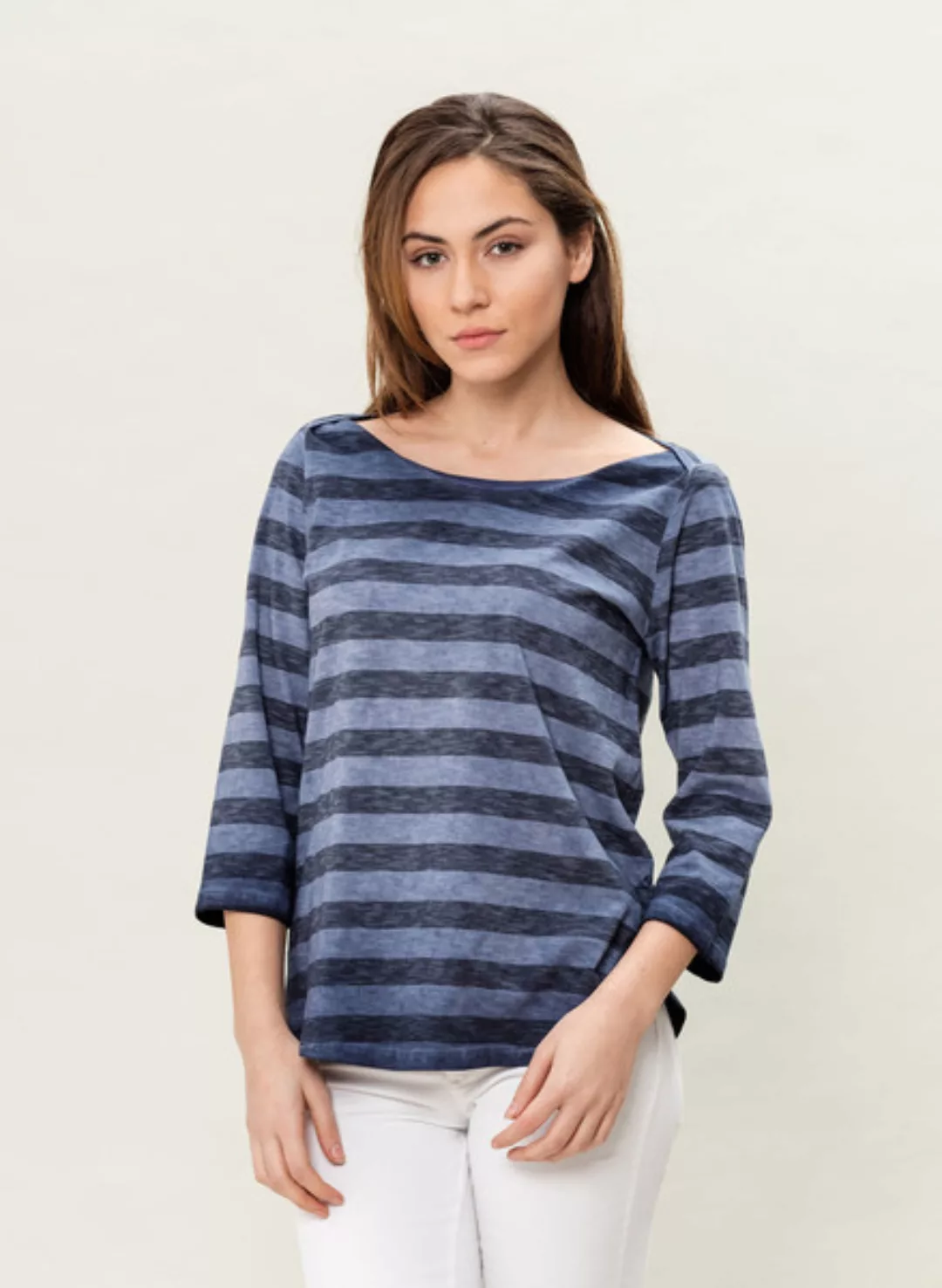 Wor-3054 Damen Garment Dyed Gestrifter 3/4 Arm T-shirt günstig online kaufen
