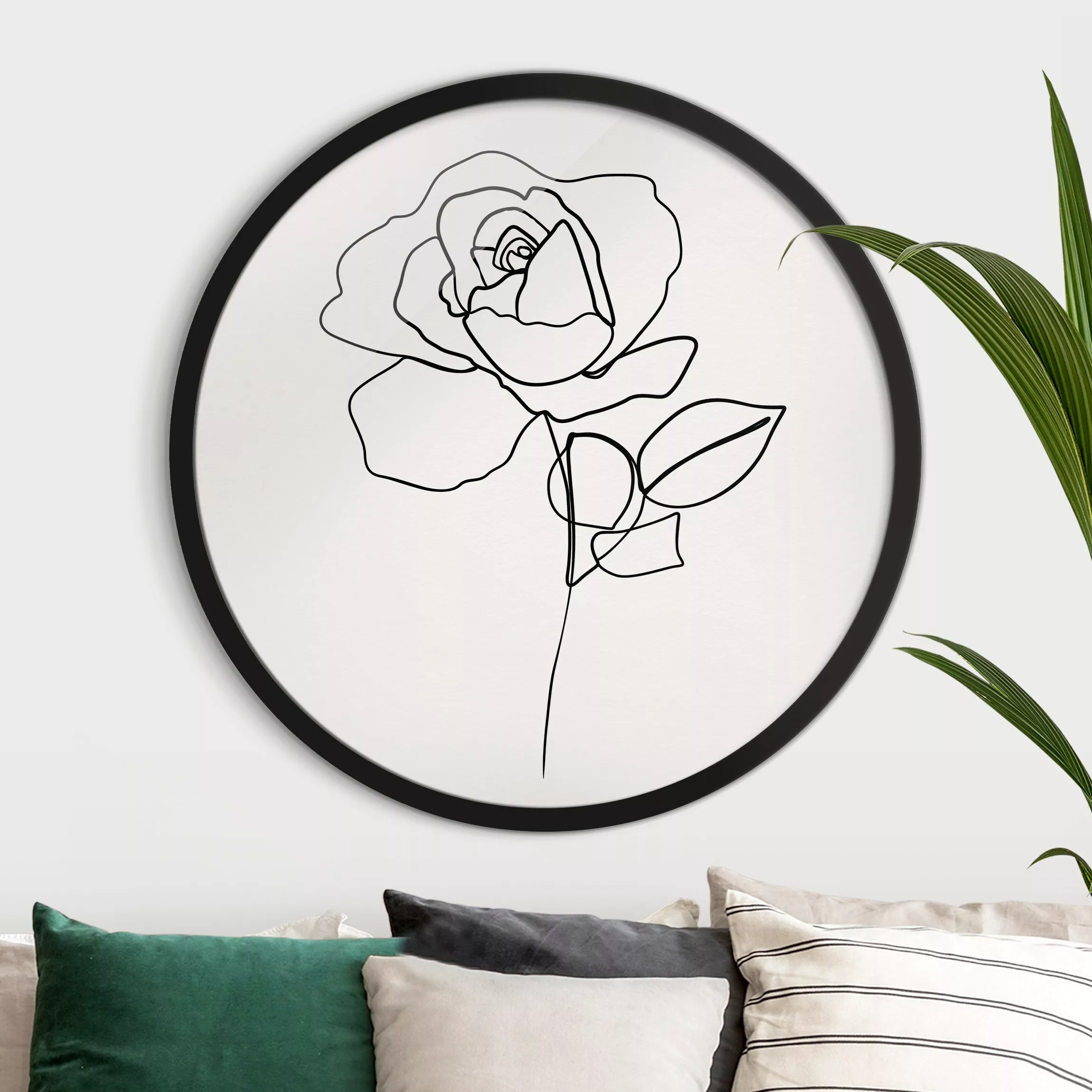 Rundes Gerahmtes Bild Line Art Rose Schwarz Weiß günstig online kaufen