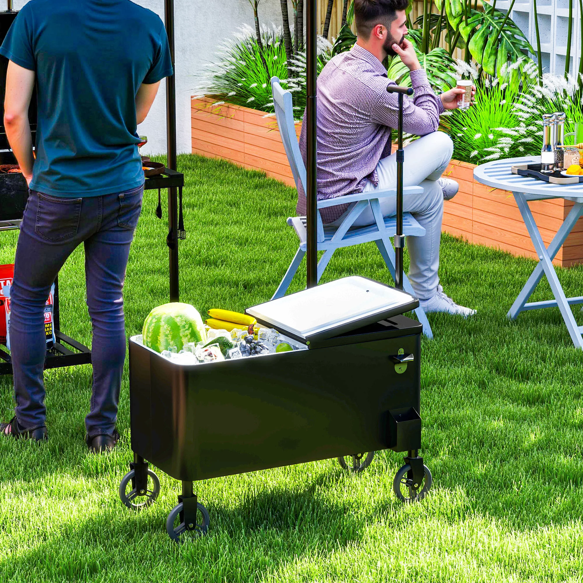 Outsunny 76L Kühlwagen Servierwagen mit Rädern Flaschenöffner Deckel Griffe günstig online kaufen