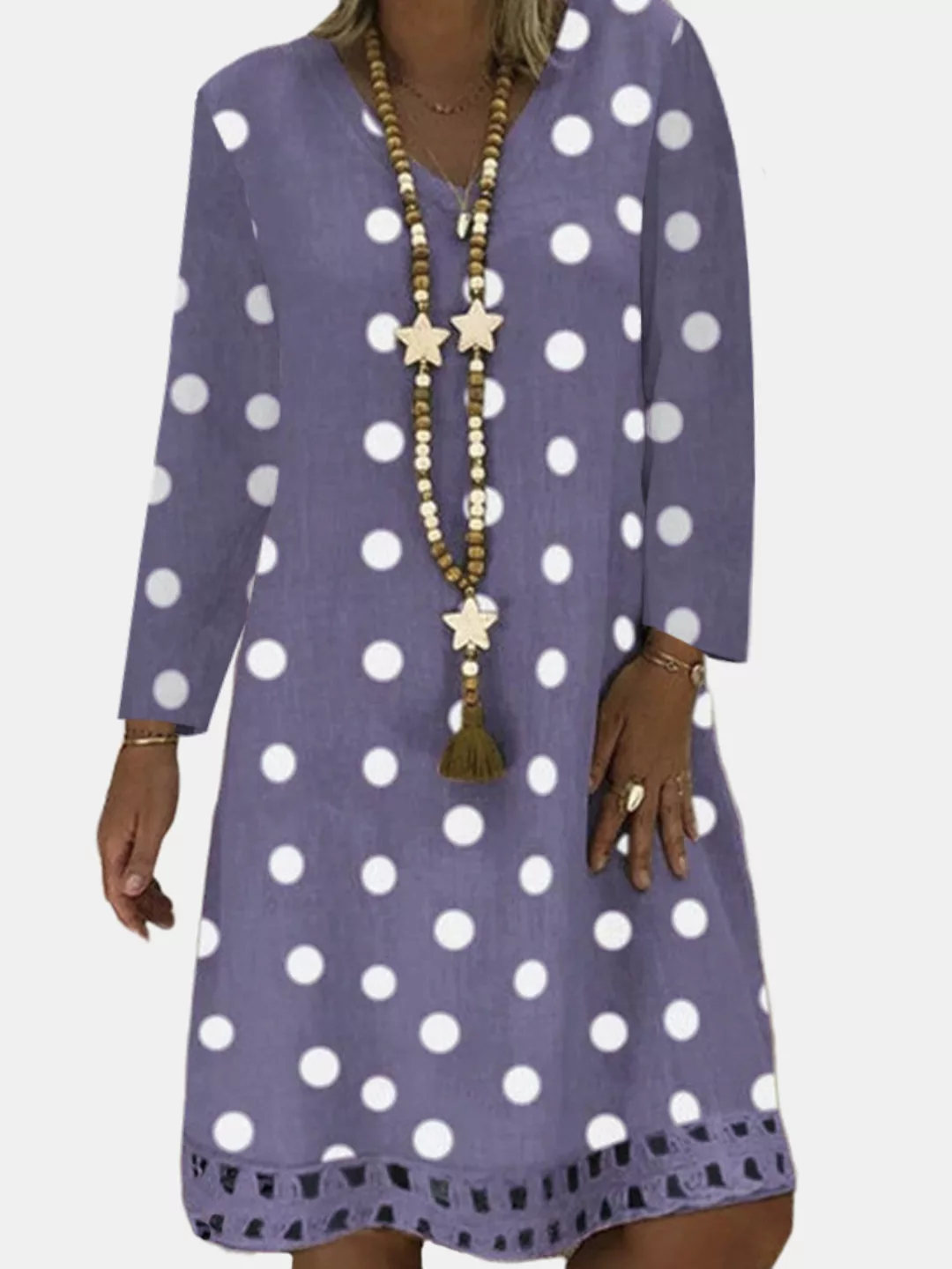 Polka Dot Printed V-Ausschnitt Langarm Midi Kleid günstig online kaufen