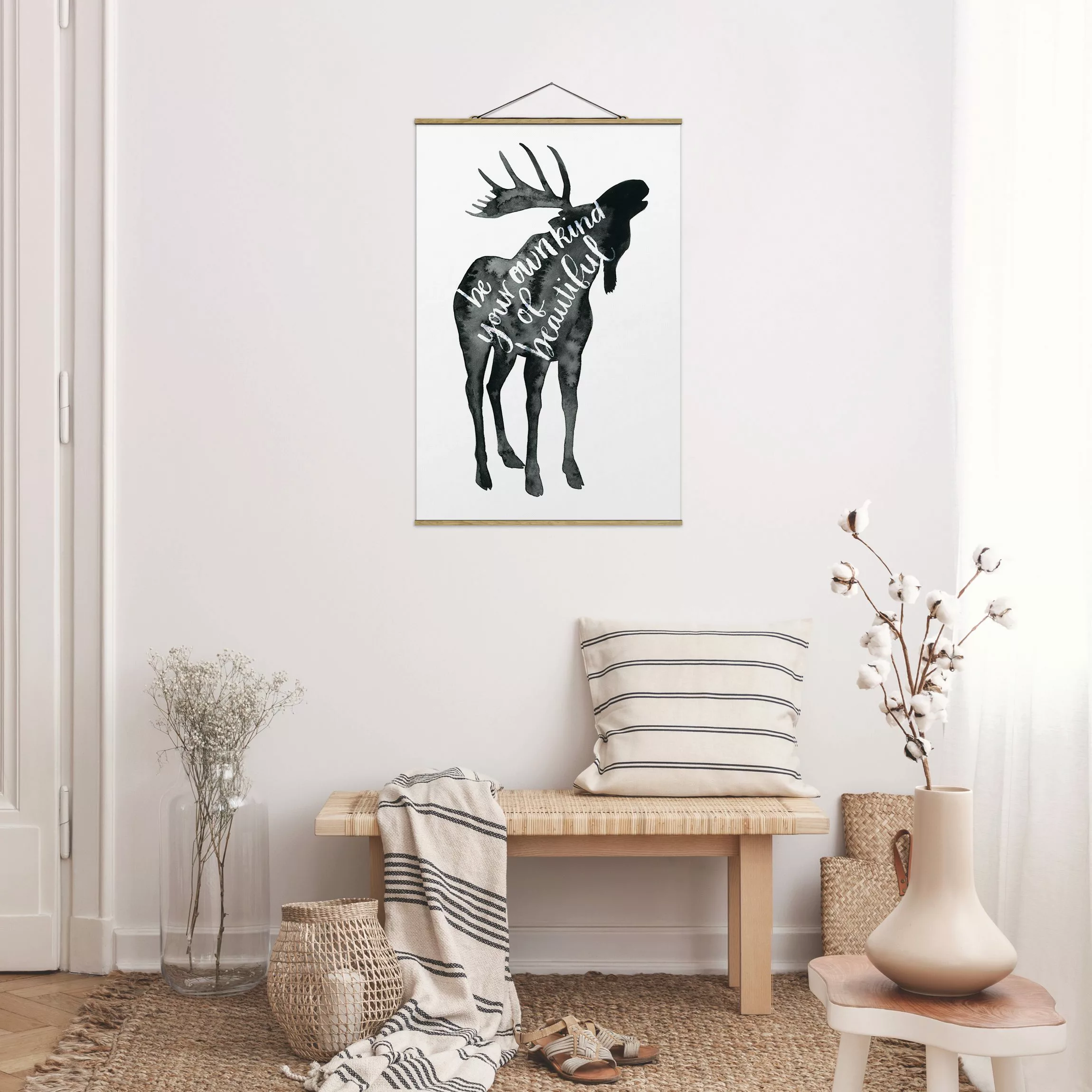 Stoffbild Spruch mit Posterleisten - Hochformat Tiere mit Weisheit - Elch günstig online kaufen