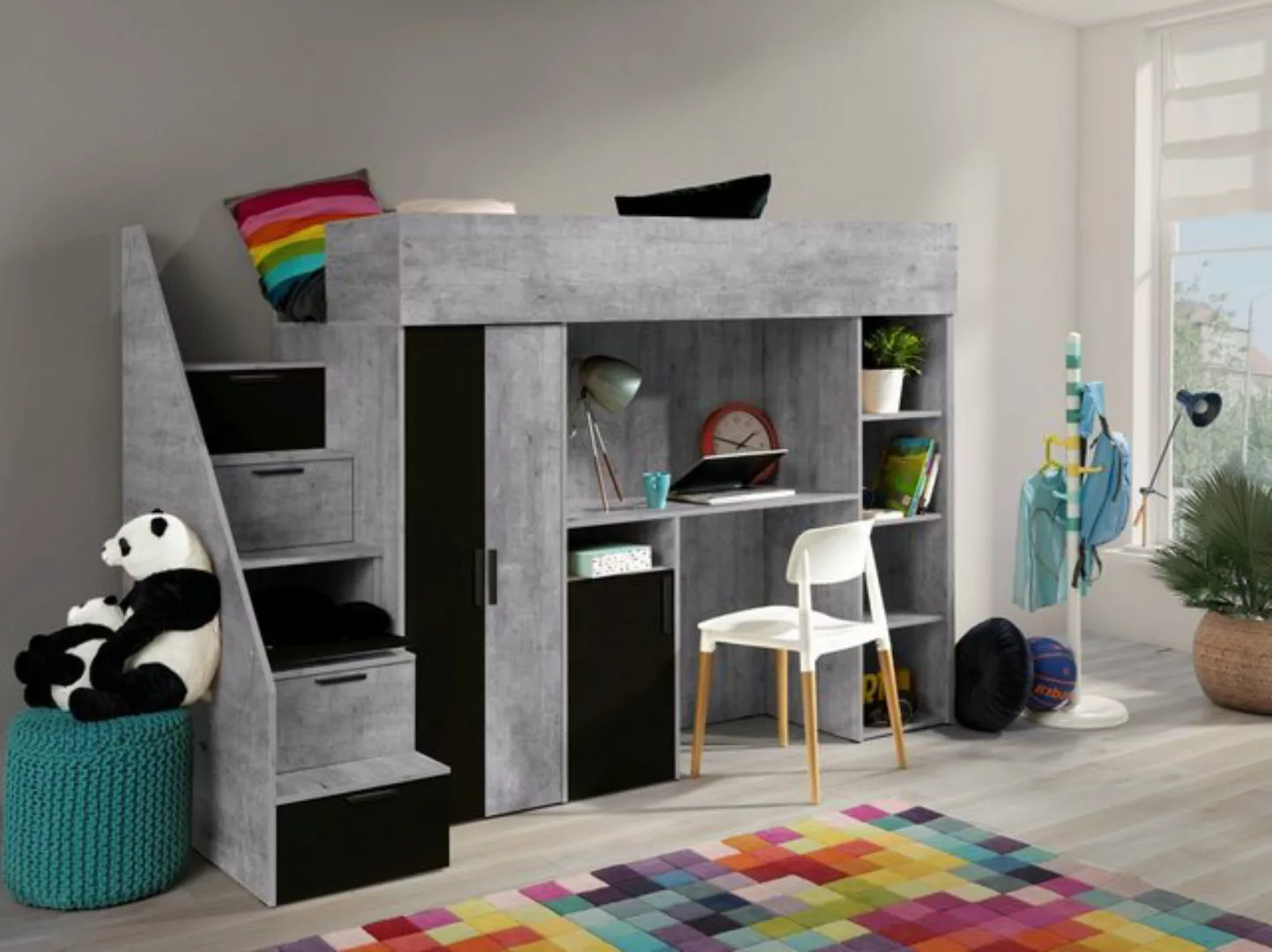 Unique Home Hochbett Kinderbett KON14, mit Schreibtisch, Kleiderschrank und günstig online kaufen