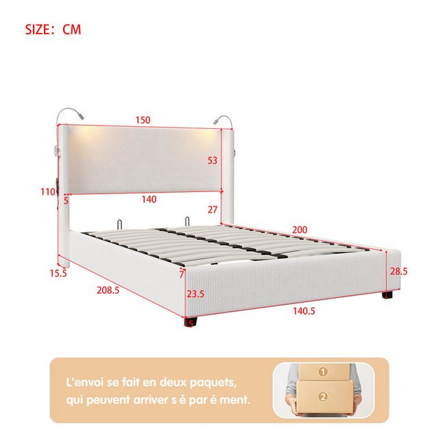 FUROKOY Polsterbett 140x200cm, Hydraulisch Doppelbett mit Leselicht und USB günstig online kaufen