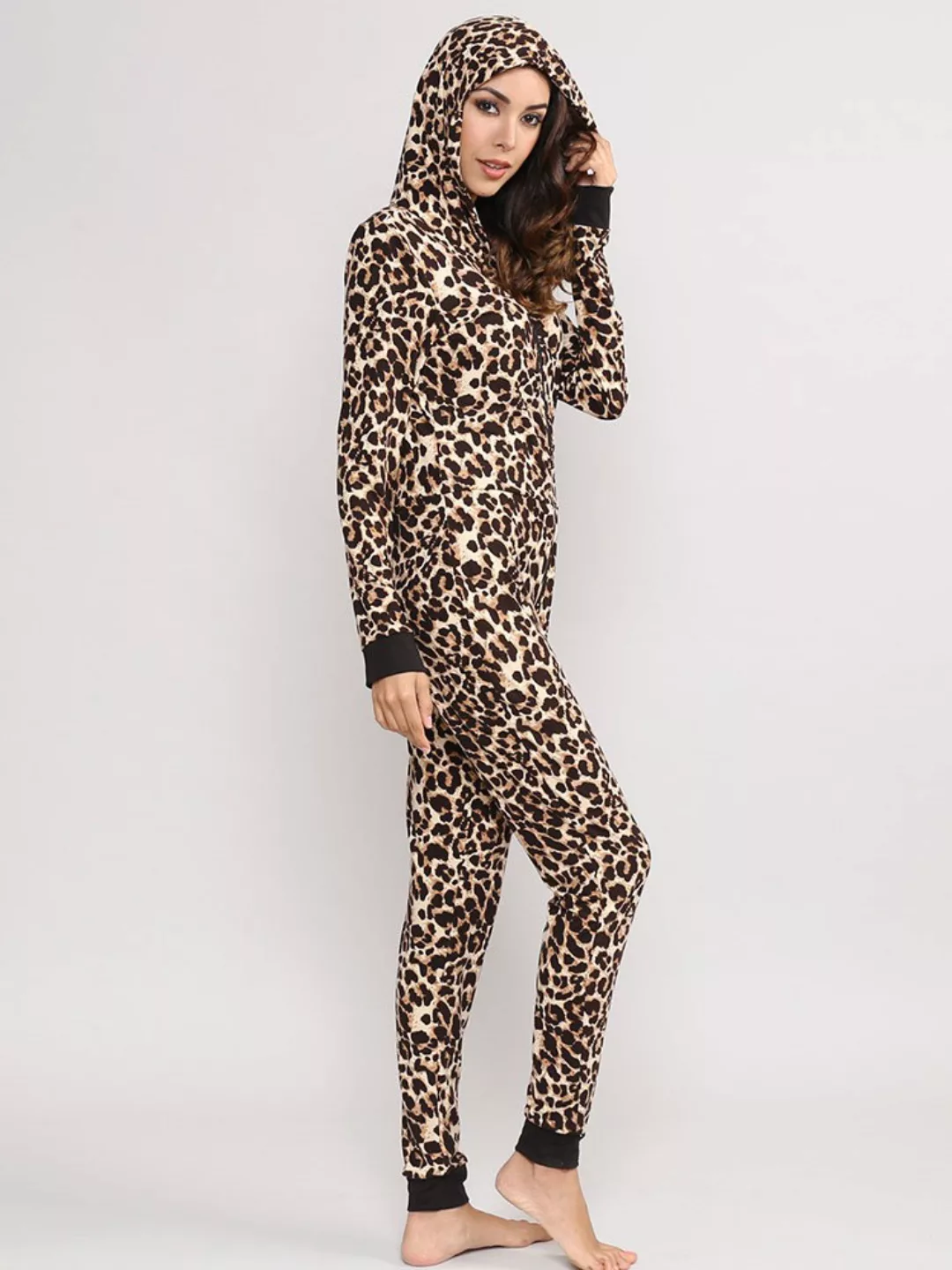 Plus Größe Leopard Onsies Pyjamas Kapuze Reißverschluss vorne Home Nachtwäs günstig online kaufen