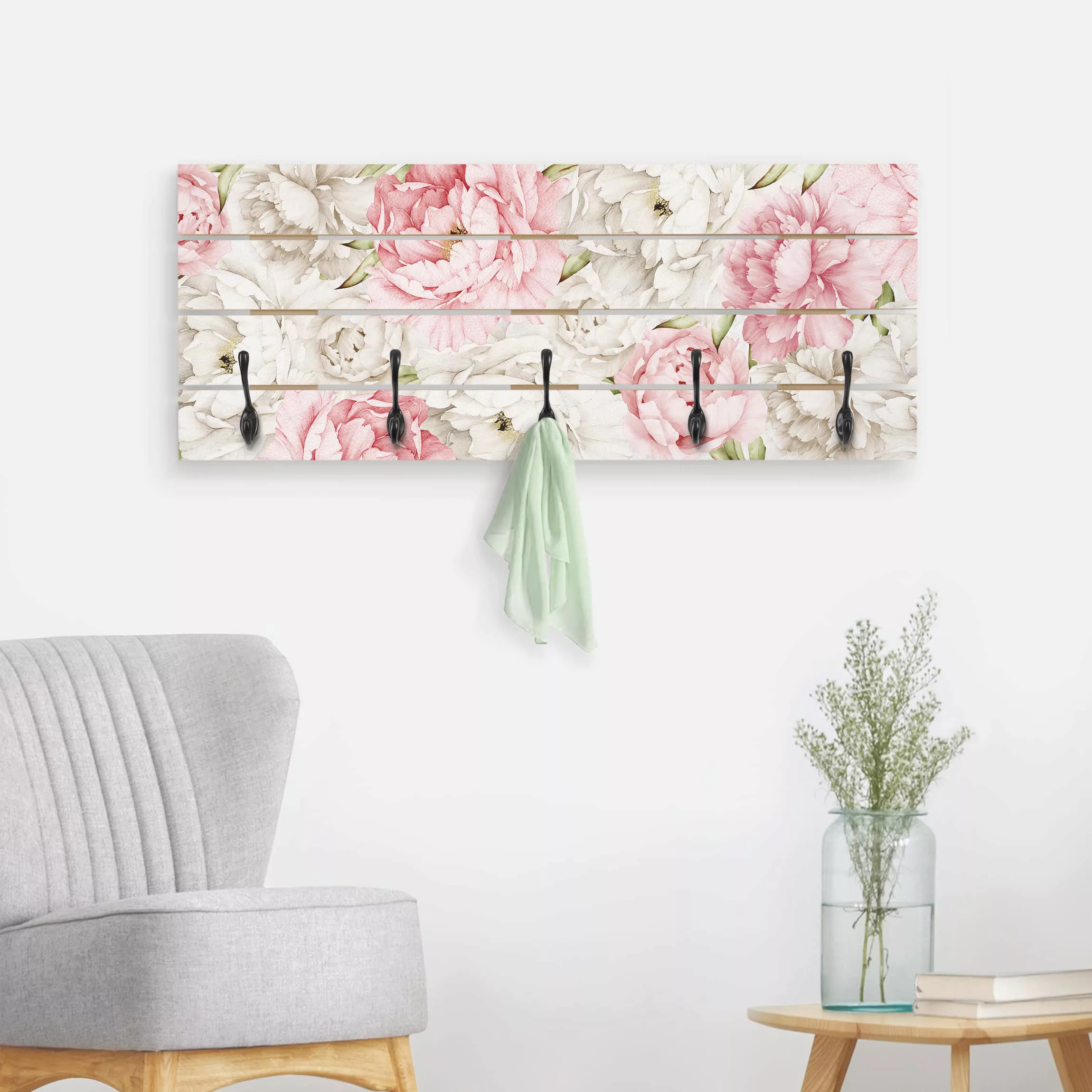 Wandgarderobe Holzpalette Blumen Pfingstrosen Rosé Weiß günstig online kaufen