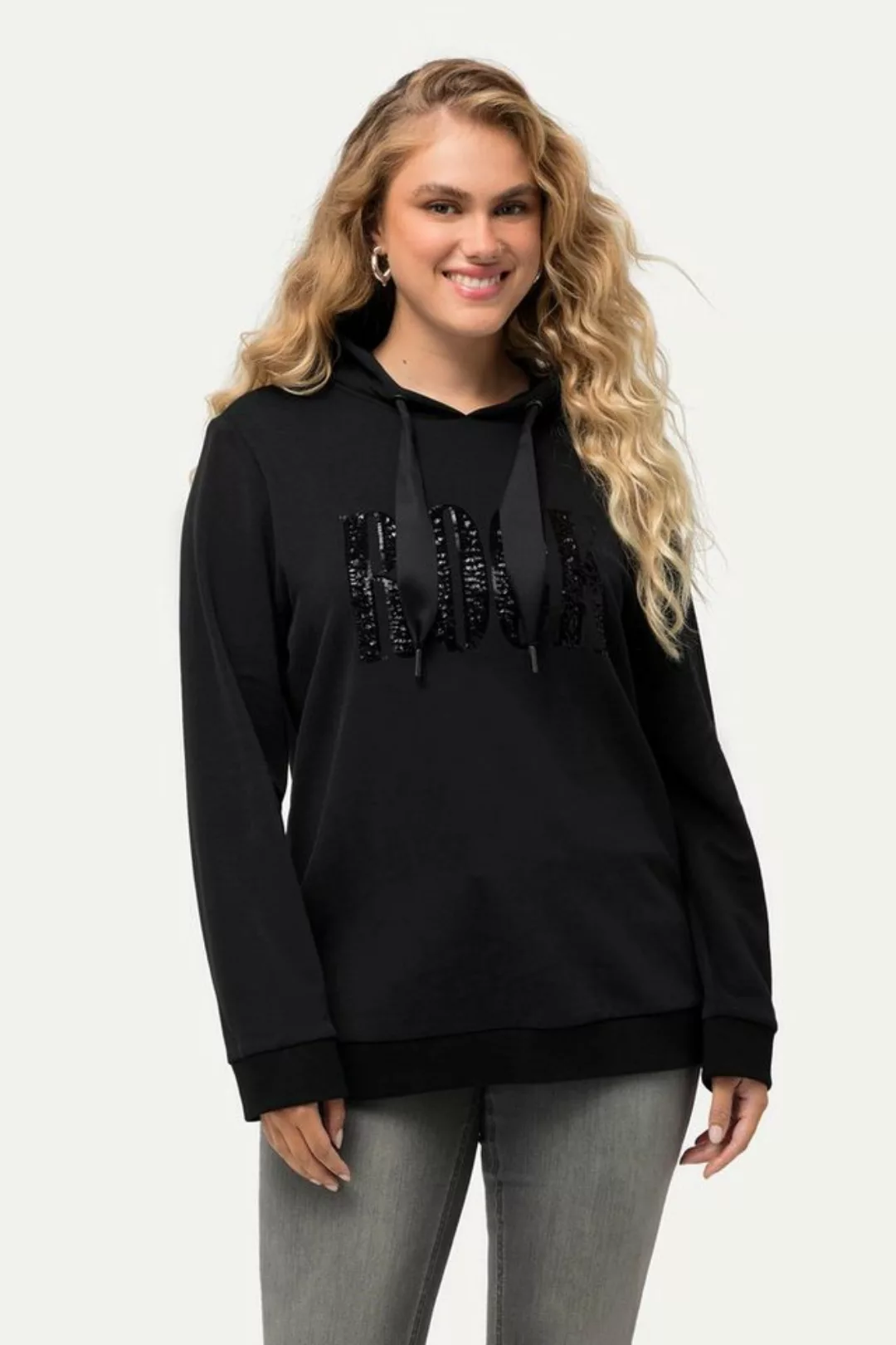 Ulla Popken Sweatshirt Hoodie Pailletten-Schriftzug Langarm Kapuze günstig online kaufen