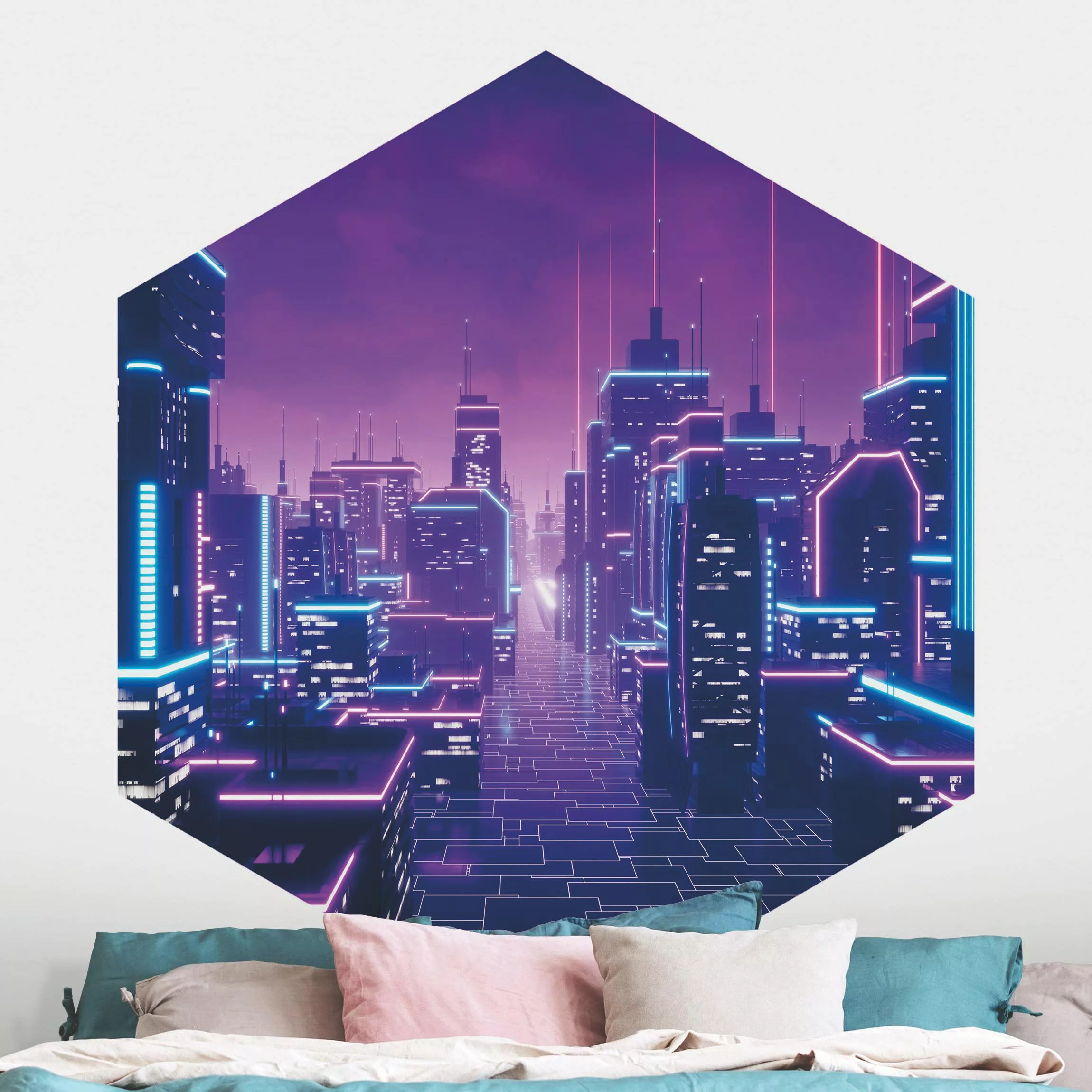 Hexagon Mustertapete selbstklebend Neon Stadtlichter günstig online kaufen